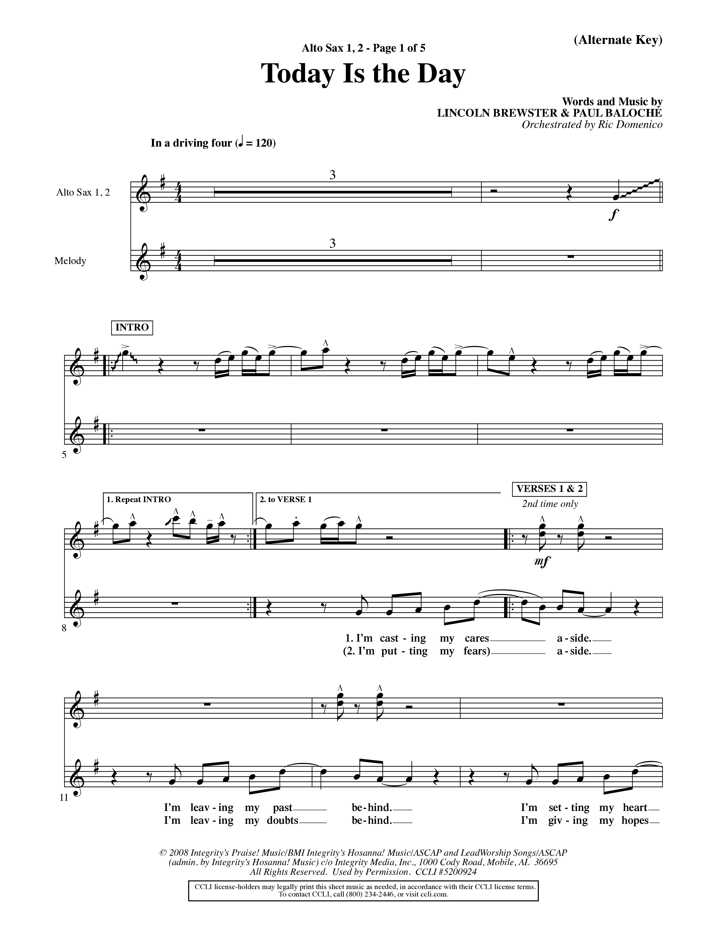 Today Is The Day (Choral Anthem SATB) Alto Sax 1/2 (Word Music Choral / Orch. Ric Domenico)