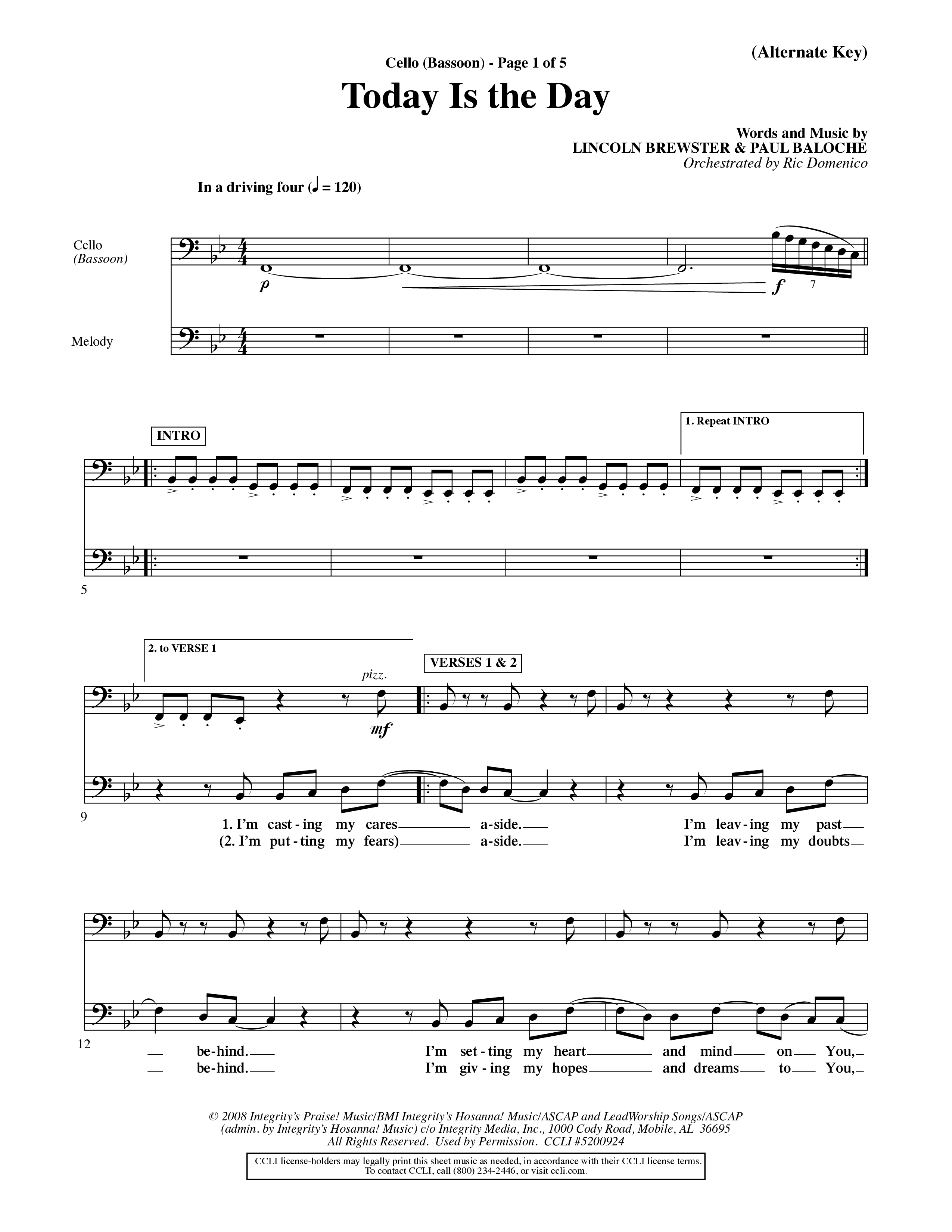 Today Is The Day (Choral Anthem SATB) Cello (Word Music Choral / Orch. Ric Domenico)