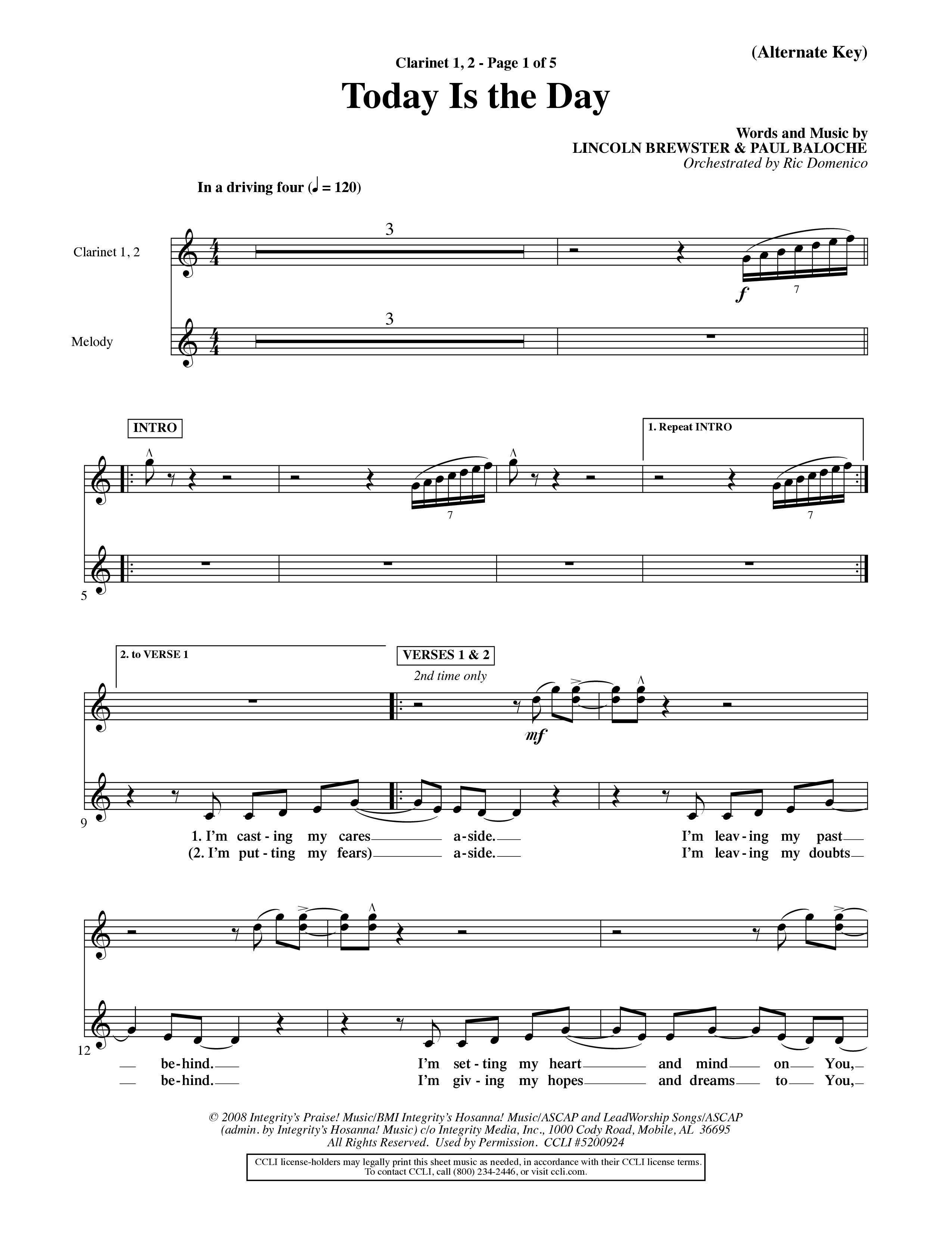 Today Is The Day (Choral Anthem SATB) Clarinet 1/2 (Word Music Choral / Orch. Ric Domenico)