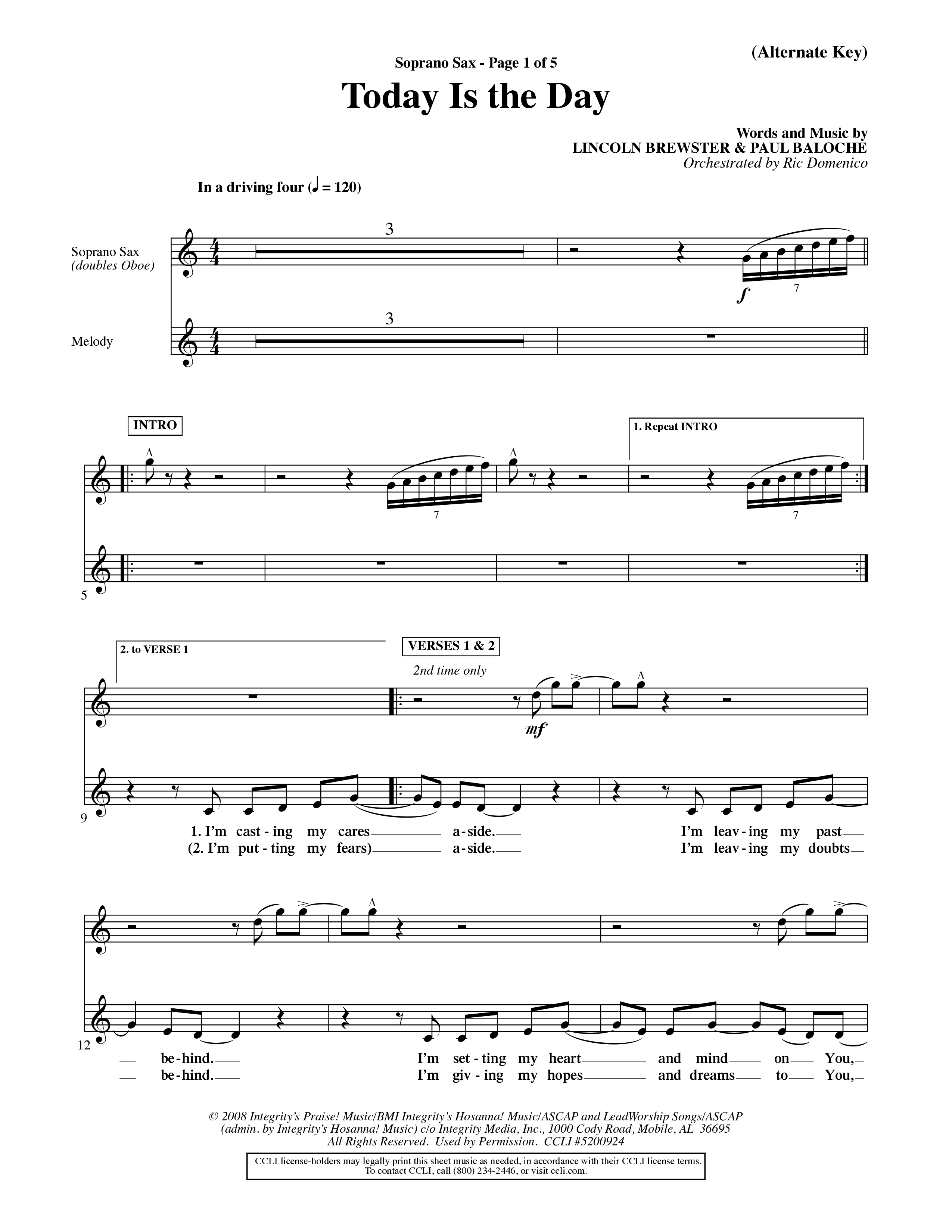Today Is The Day (Choral Anthem SATB) Saxophone (Word Music Choral / Orch. Ric Domenico)
