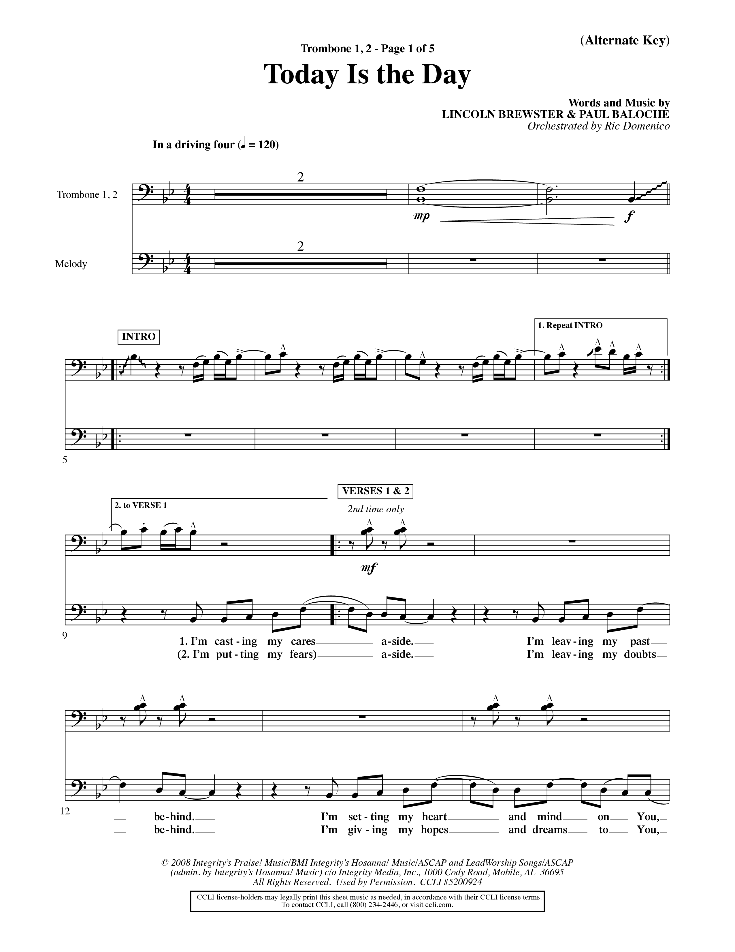 Today Is The Day (Choral Anthem SATB) Trombone 1/2 (Word Music Choral / Orch. Ric Domenico)