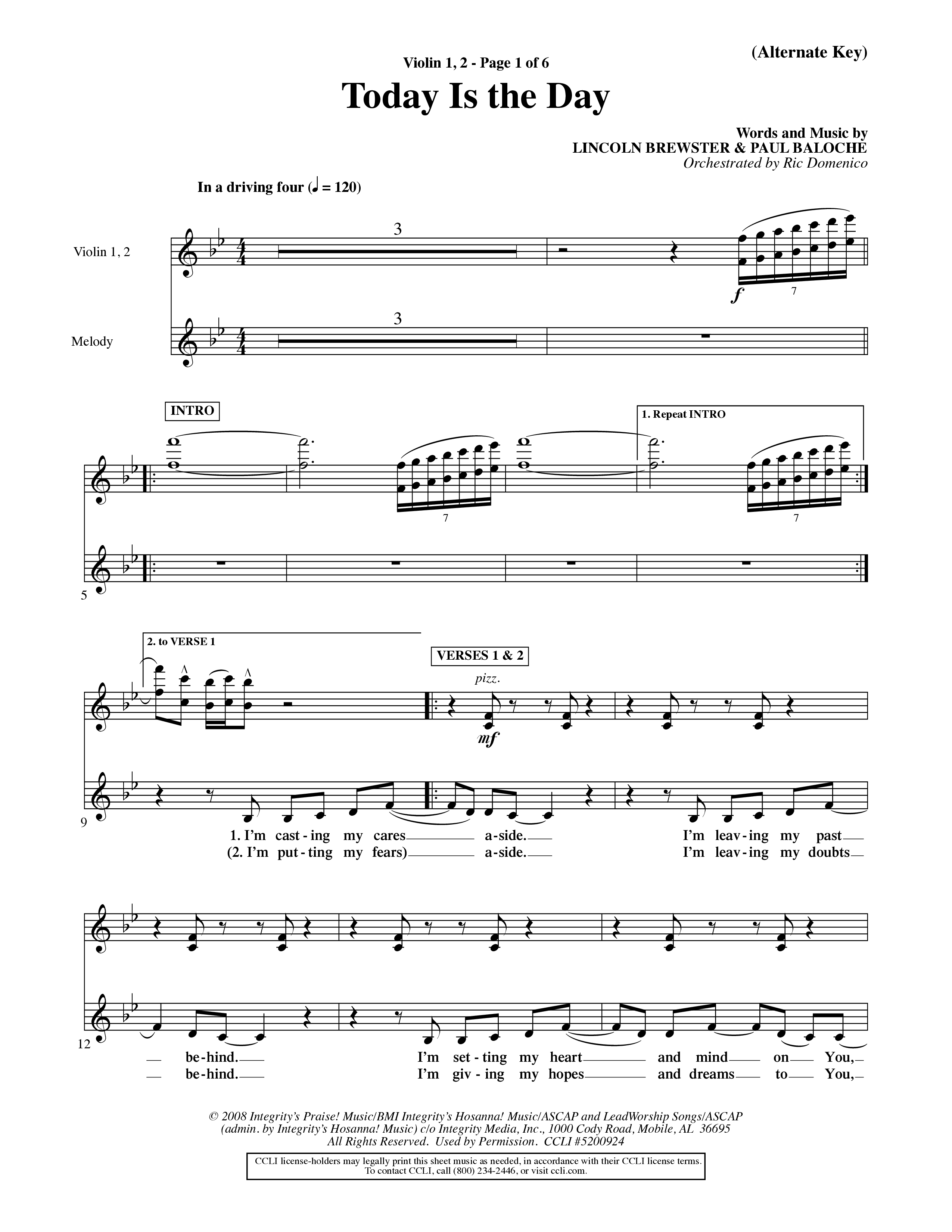 Today Is The Day (Choral Anthem SATB) Violin 1/2 (Word Music Choral / Orch. Ric Domenico)