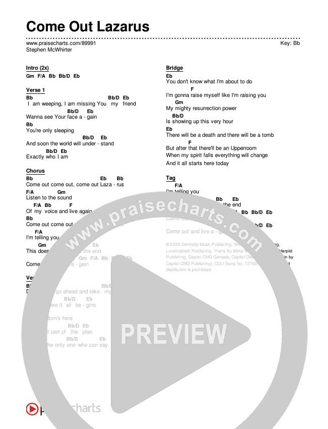 Come Out Lazarus Chords & Lyrics (Stephen McWhirter)