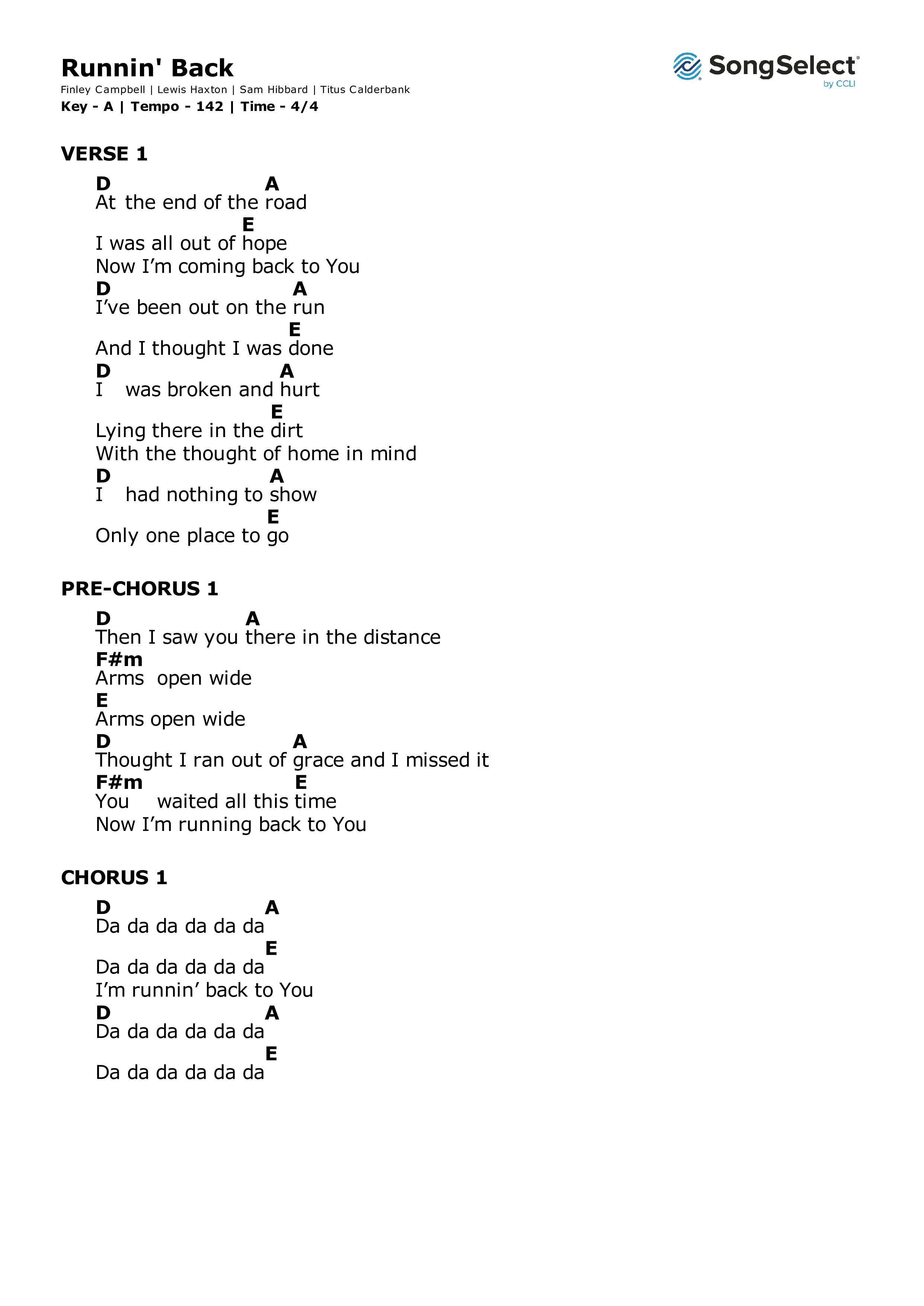 Runnin' Back Chord Chart (Sam Hibbard)