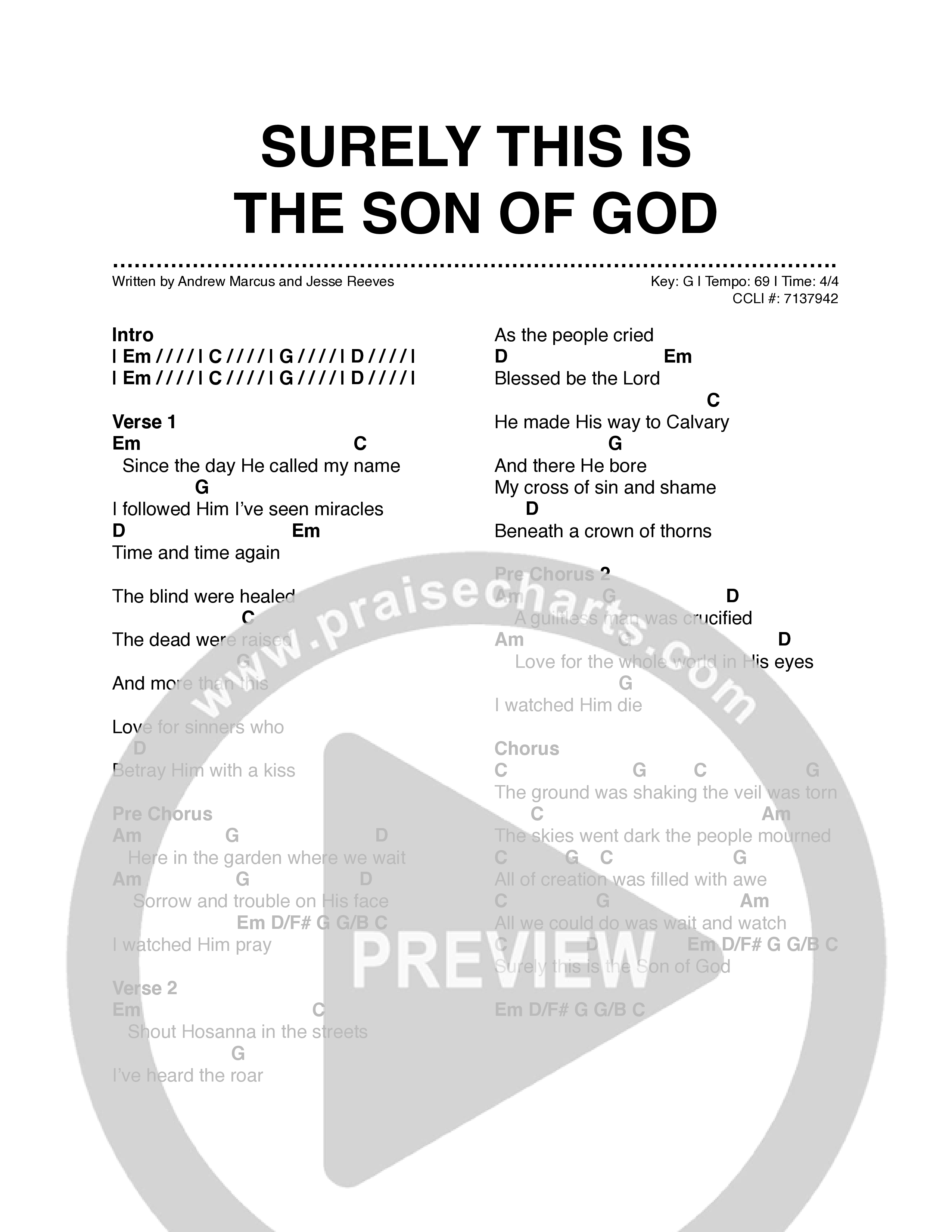 Surely This is the Son of God Chord Chart (Andrew Marcus)