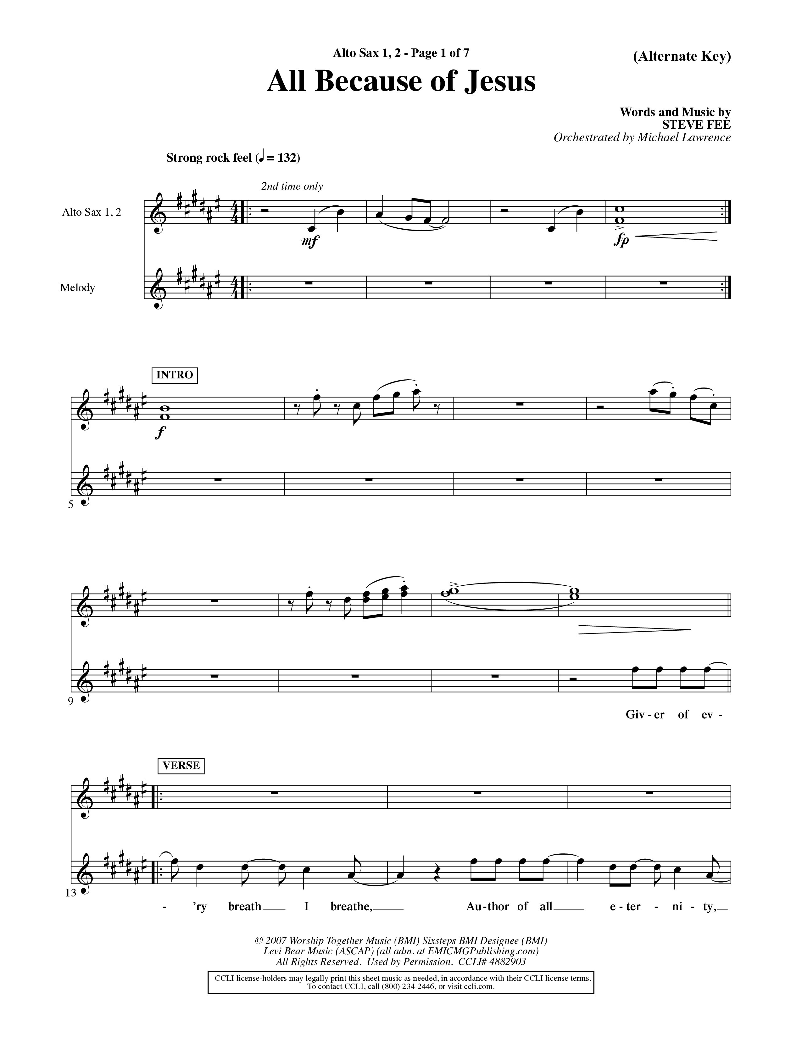 All Because Of Jesus (Choral Anthem SATB) Alto Sax 1/2 (Word Music Choral / Orch. Michael Lawrence)