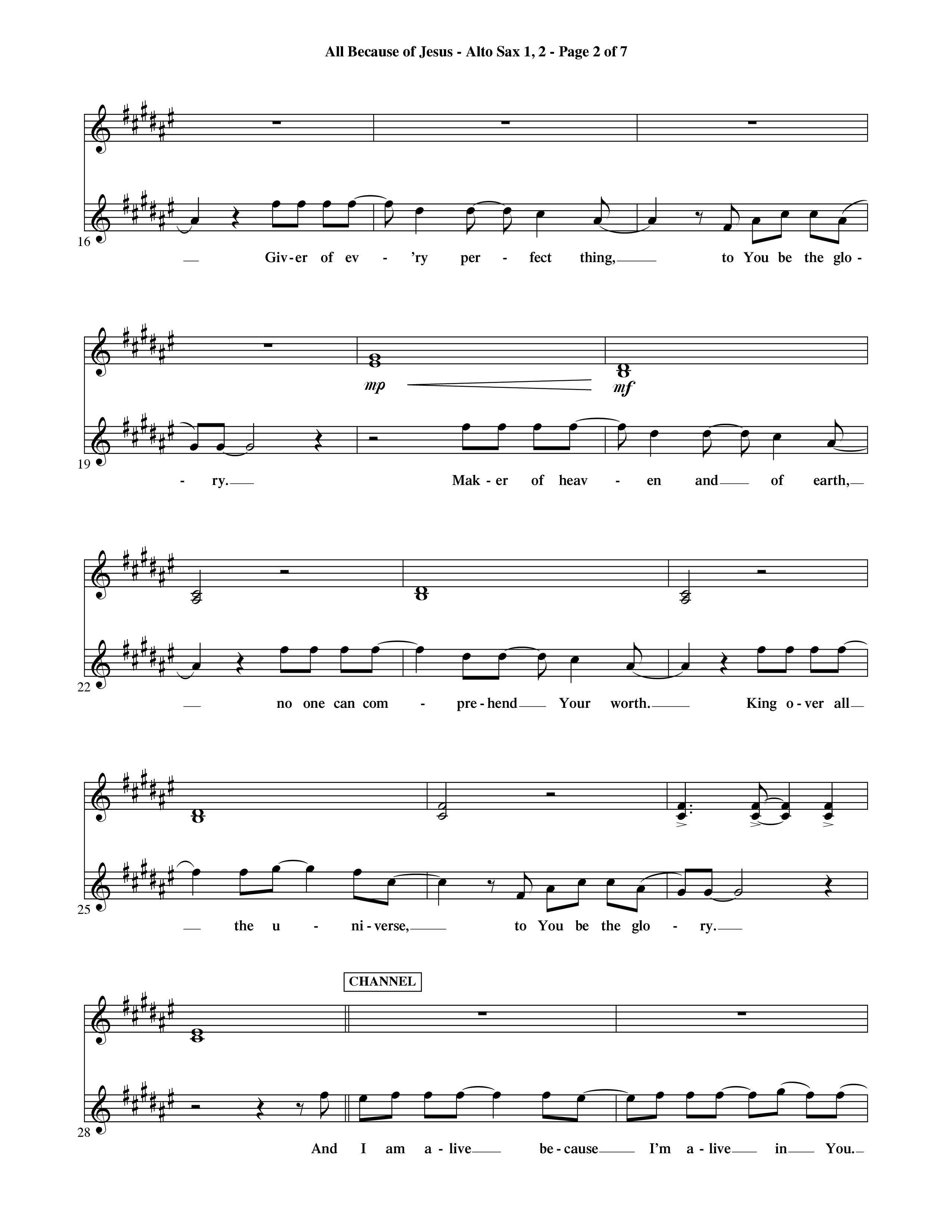 All Because Of Jesus (Choral Anthem SATB) Alto Sax 1/2 (Word Music Choral / Orch. Michael Lawrence)