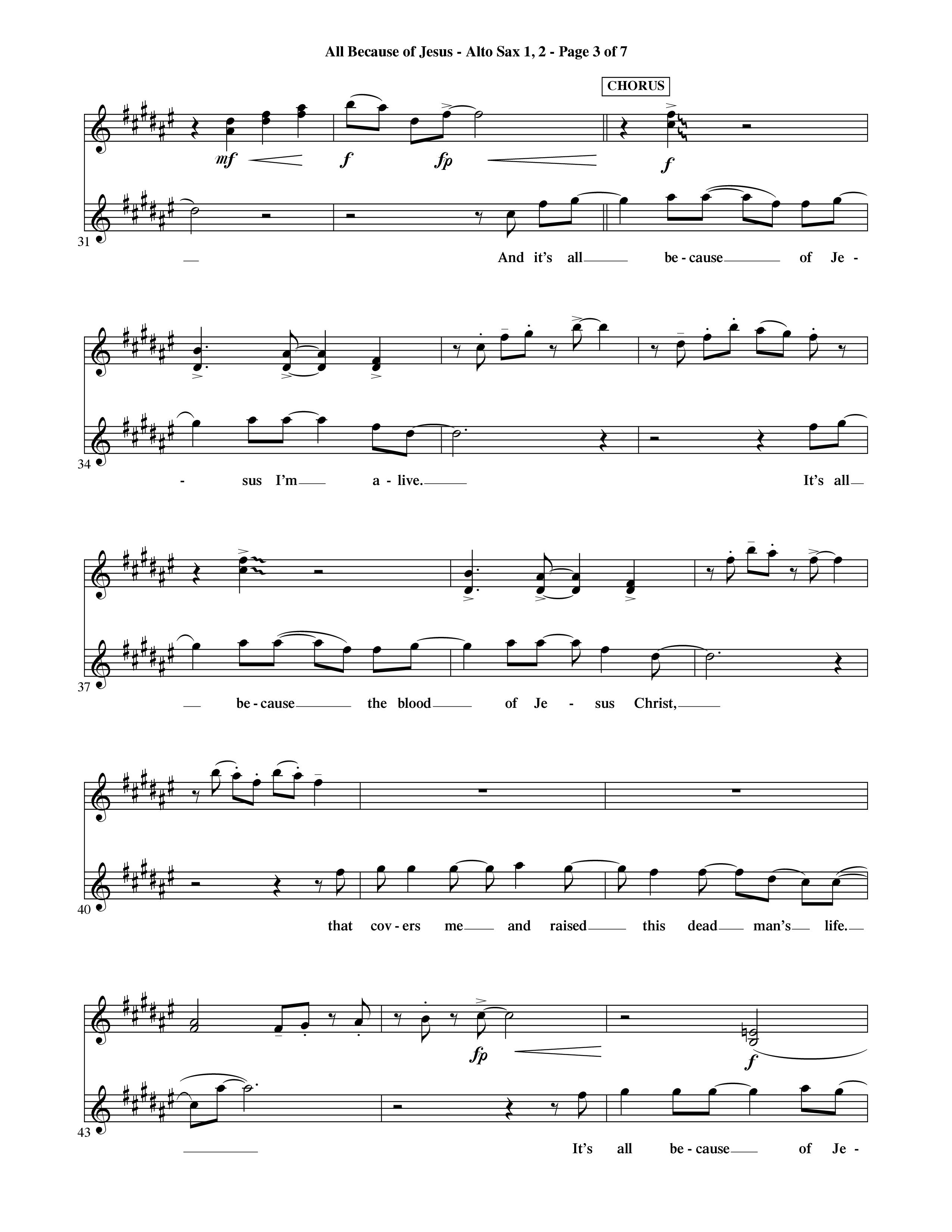 All Because Of Jesus (Choral Anthem SATB) Alto Sax 1/2 (Word Music Choral / Orch. Michael Lawrence)