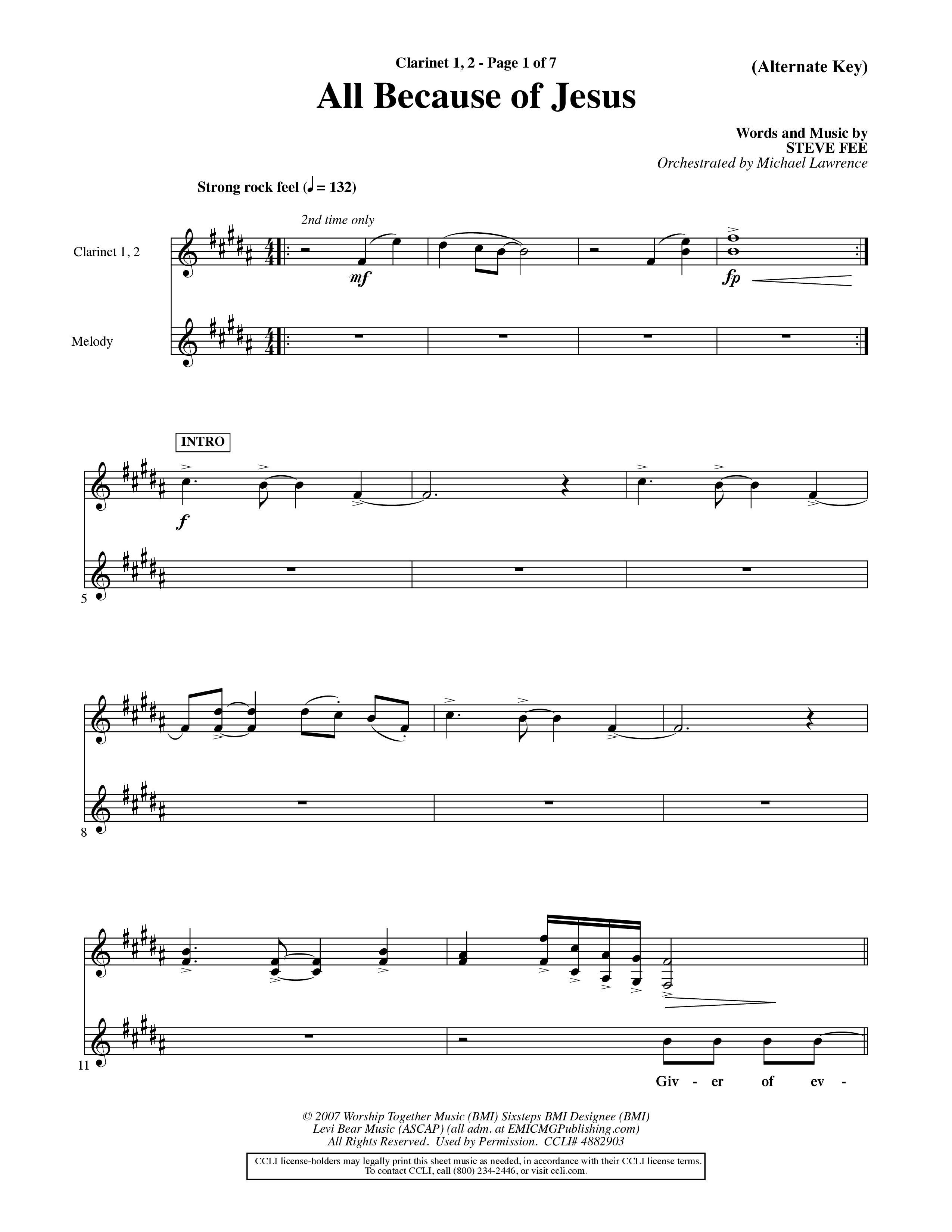 All Because Of Jesus (Choral Anthem SATB) Clarinet 1/2 (Word Music Choral / Orch. Michael Lawrence)