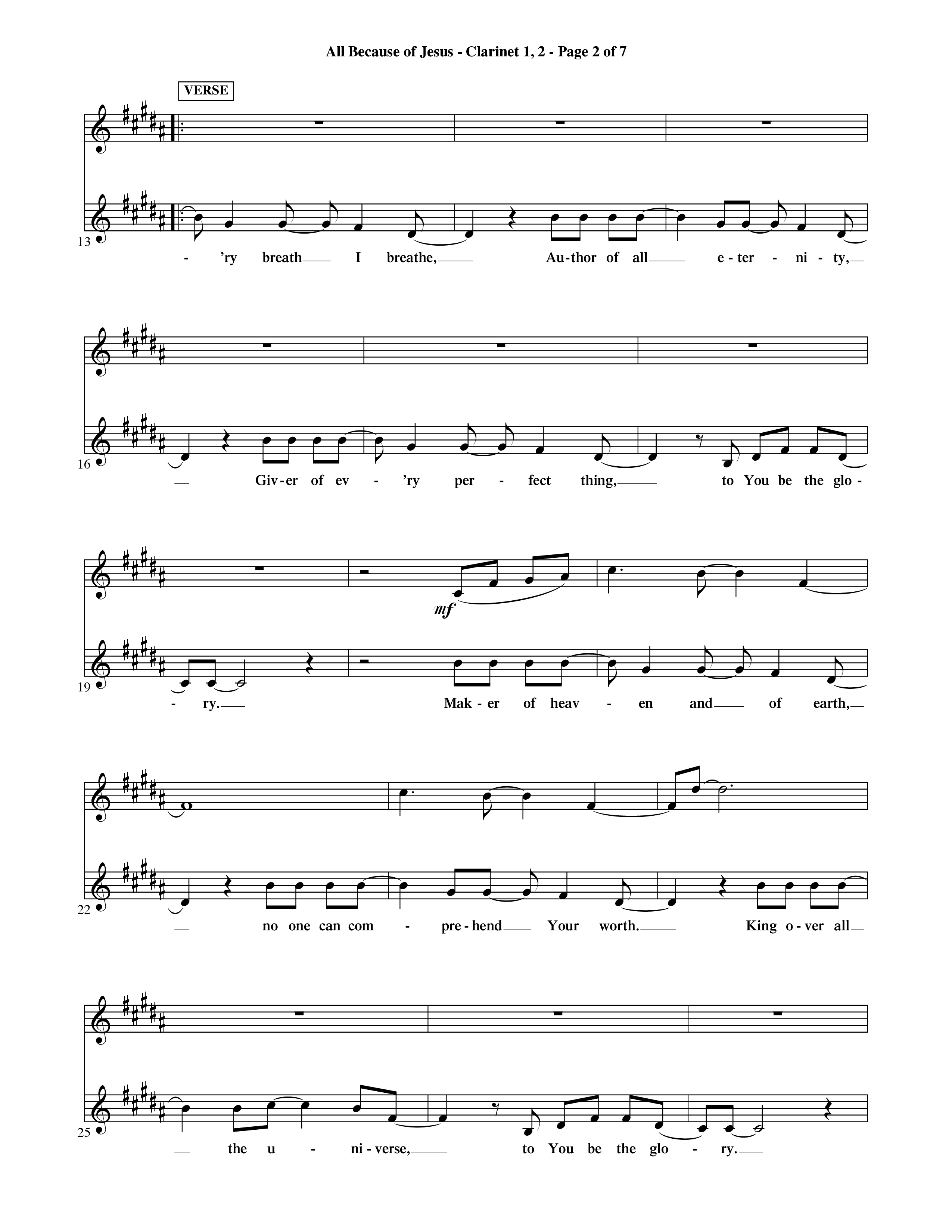 All Because Of Jesus (Choral Anthem SATB) Clarinet 1/2 (Word Music Choral / Orch. Michael Lawrence)