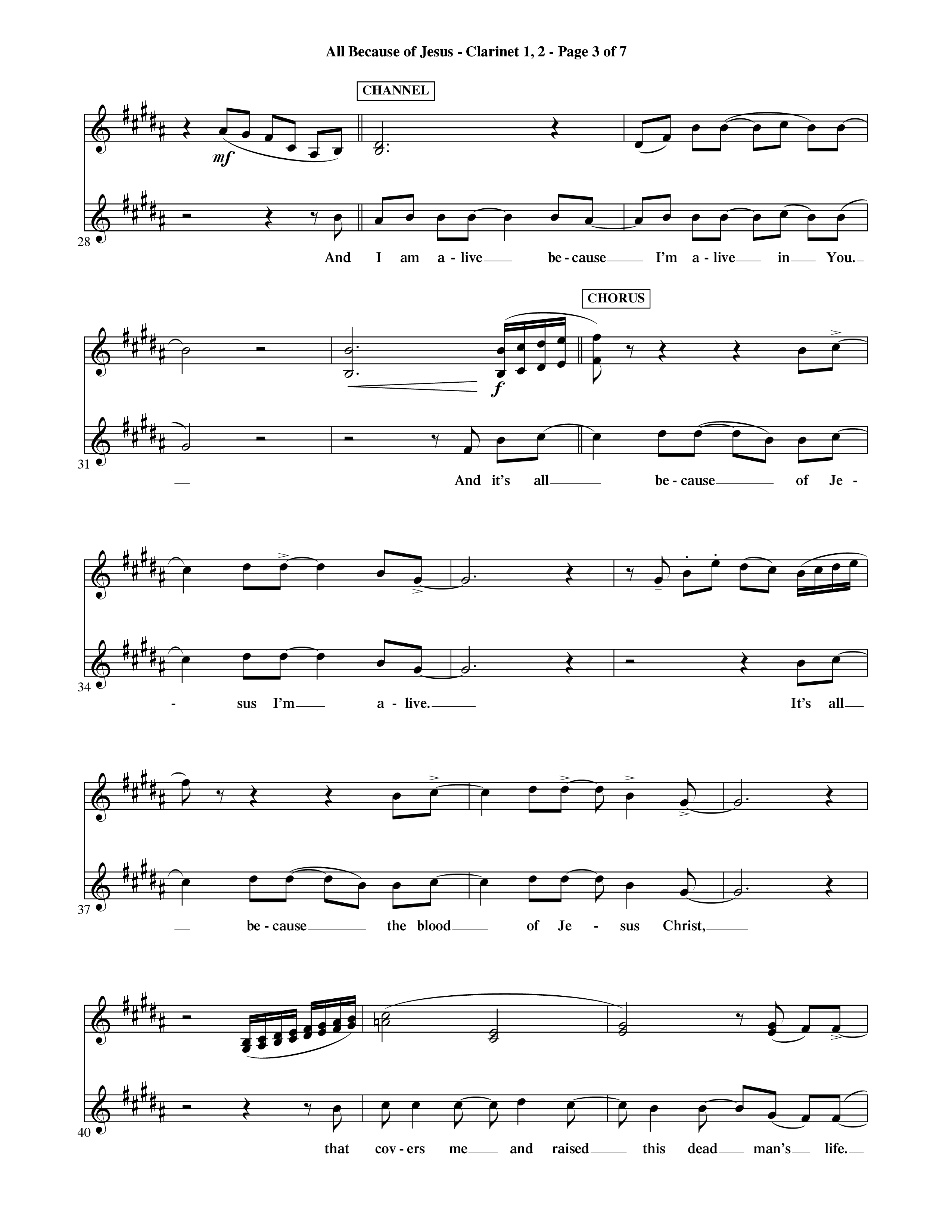 All Because Of Jesus (Choral Anthem SATB) Clarinet 1/2 (Word Music Choral / Orch. Michael Lawrence)