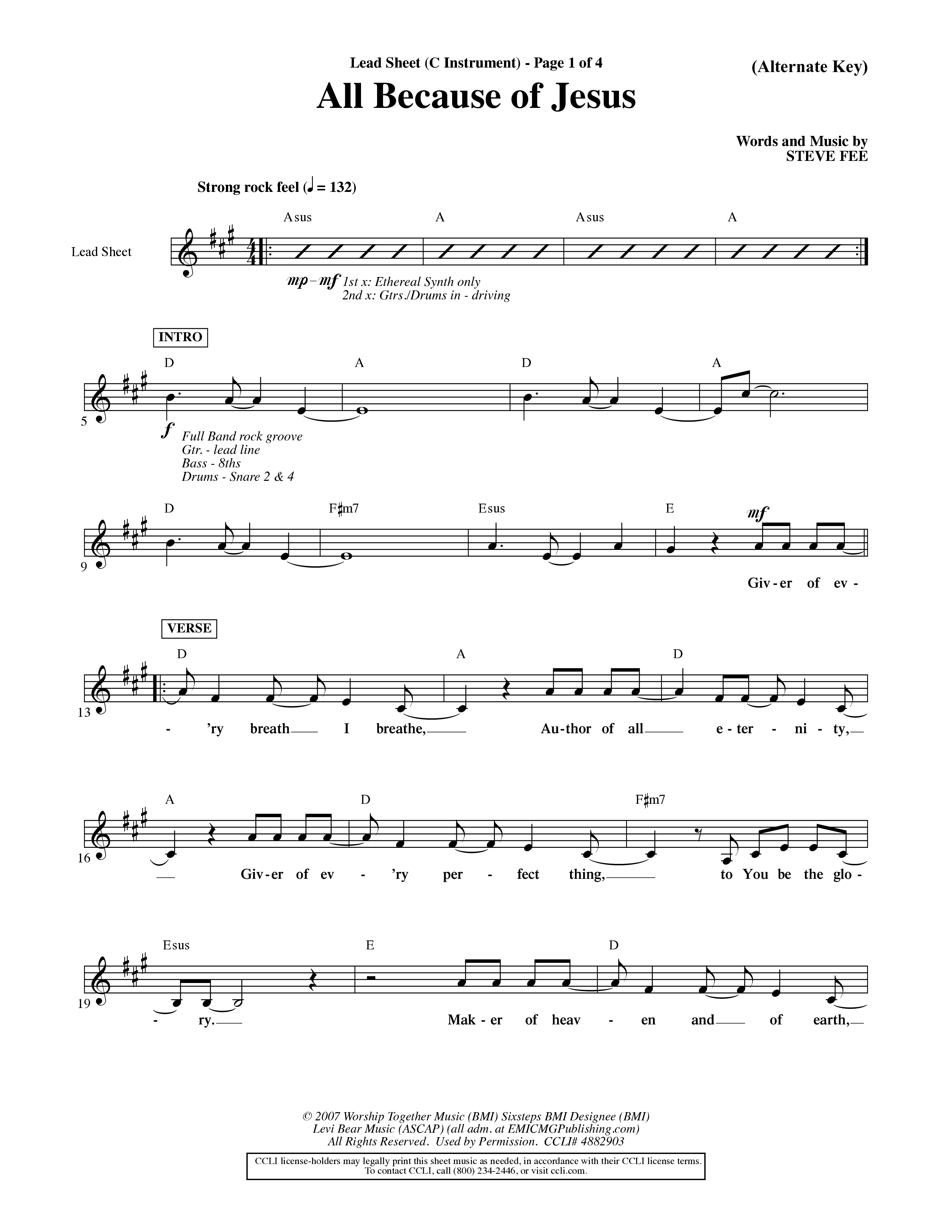 All Because Of Jesus (Choral Anthem SATB) Lead Sheet (Mel) (Word Music Choral / Orch. Michael Lawrence)