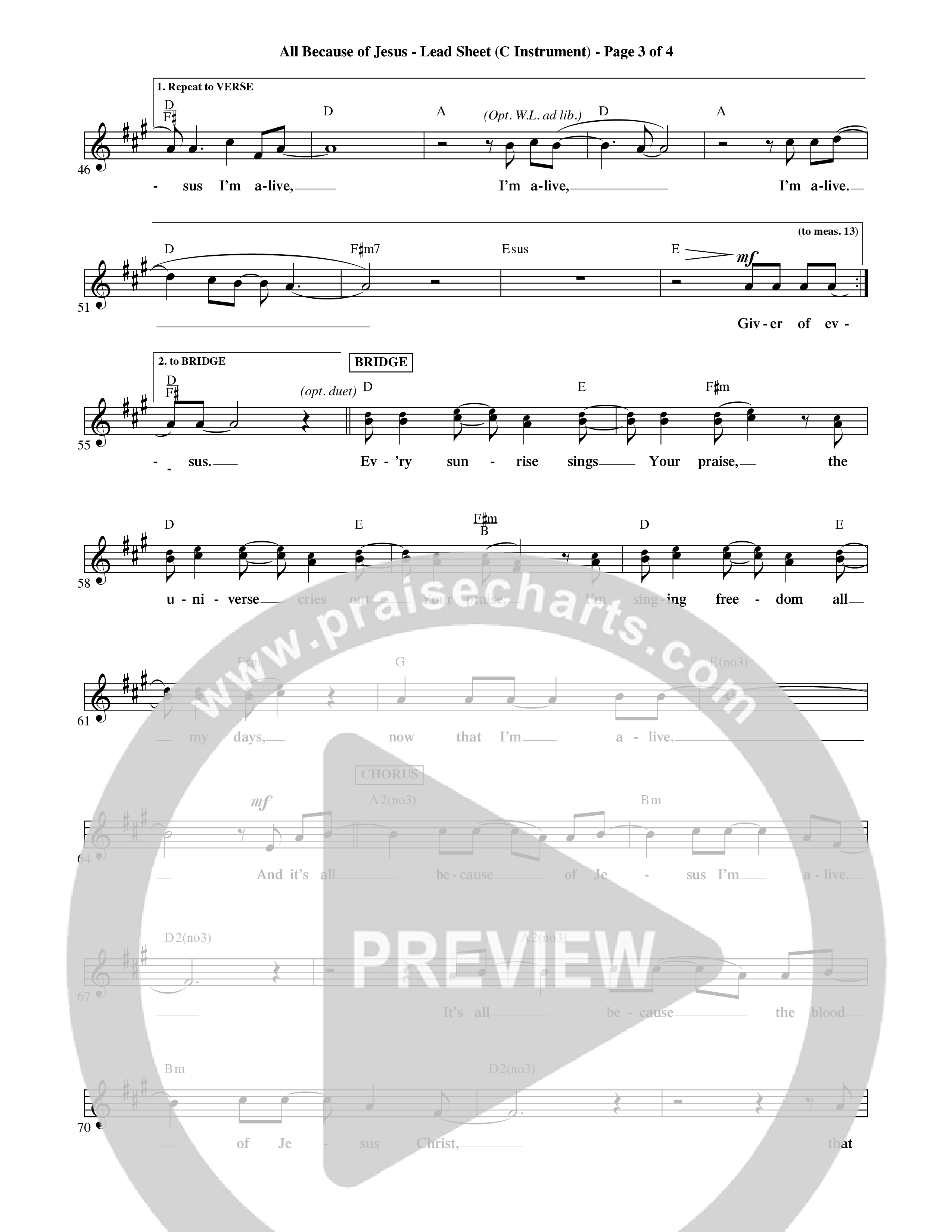All Because Of Jesus (Choral Anthem SATB) Lead Sheet (Mel) (Word Music Choral / Orch. Michael Lawrence)