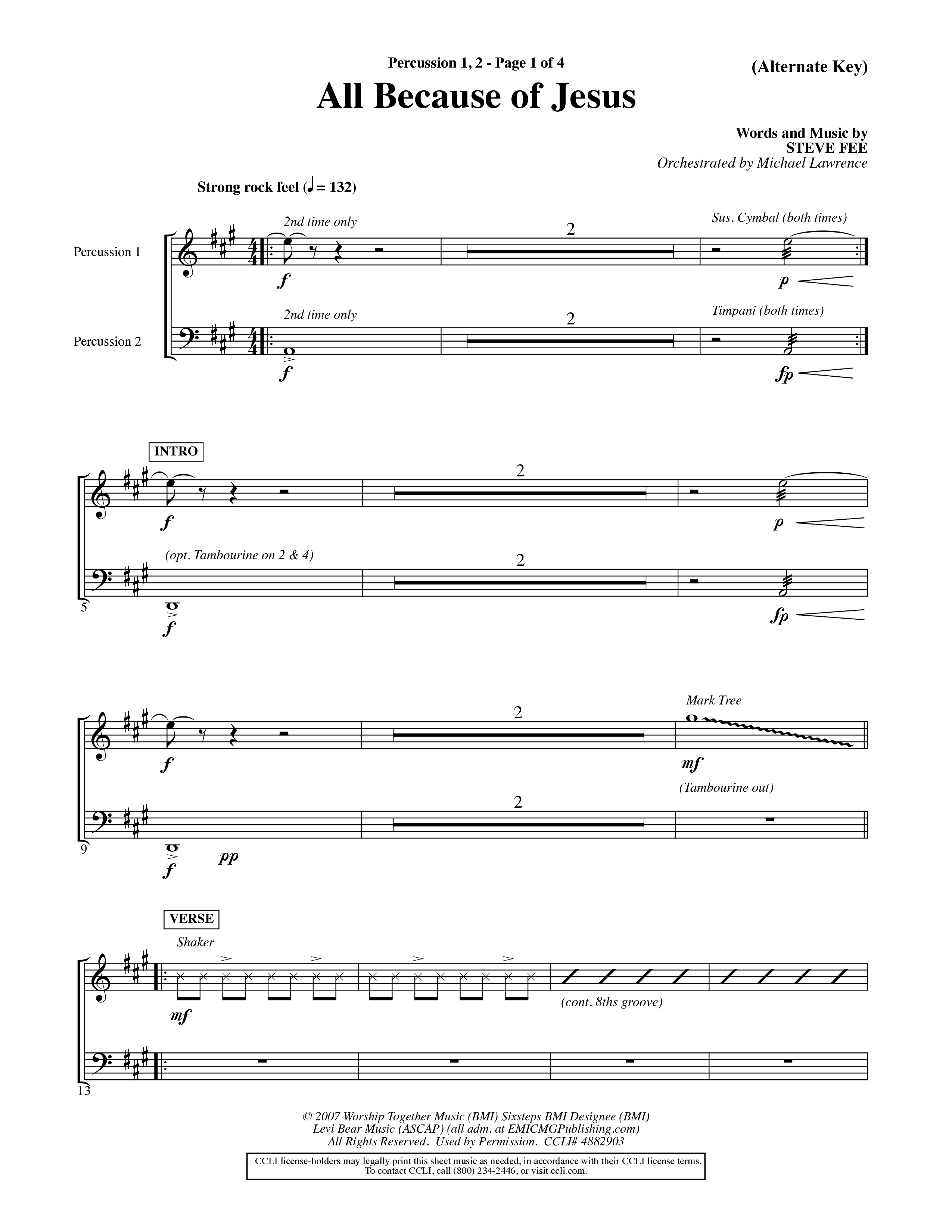All Because Of Jesus (Choral Anthem SATB) Percussion 1/2 (Word Music Choral / Orch. Michael Lawrence)
