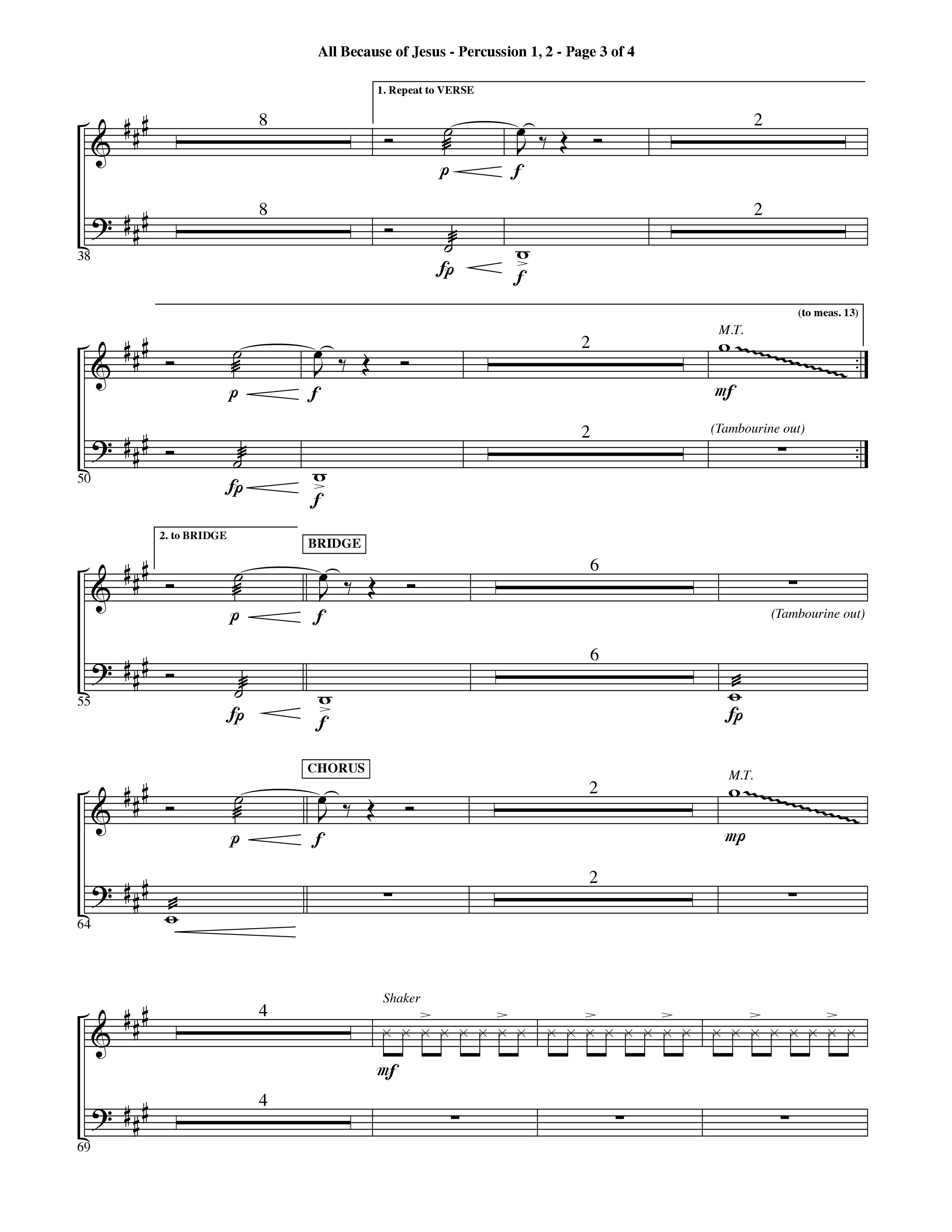 All Because Of Jesus (Choral Anthem SATB) Percussion 1/2 (Word Music Choral / Orch. Michael Lawrence)