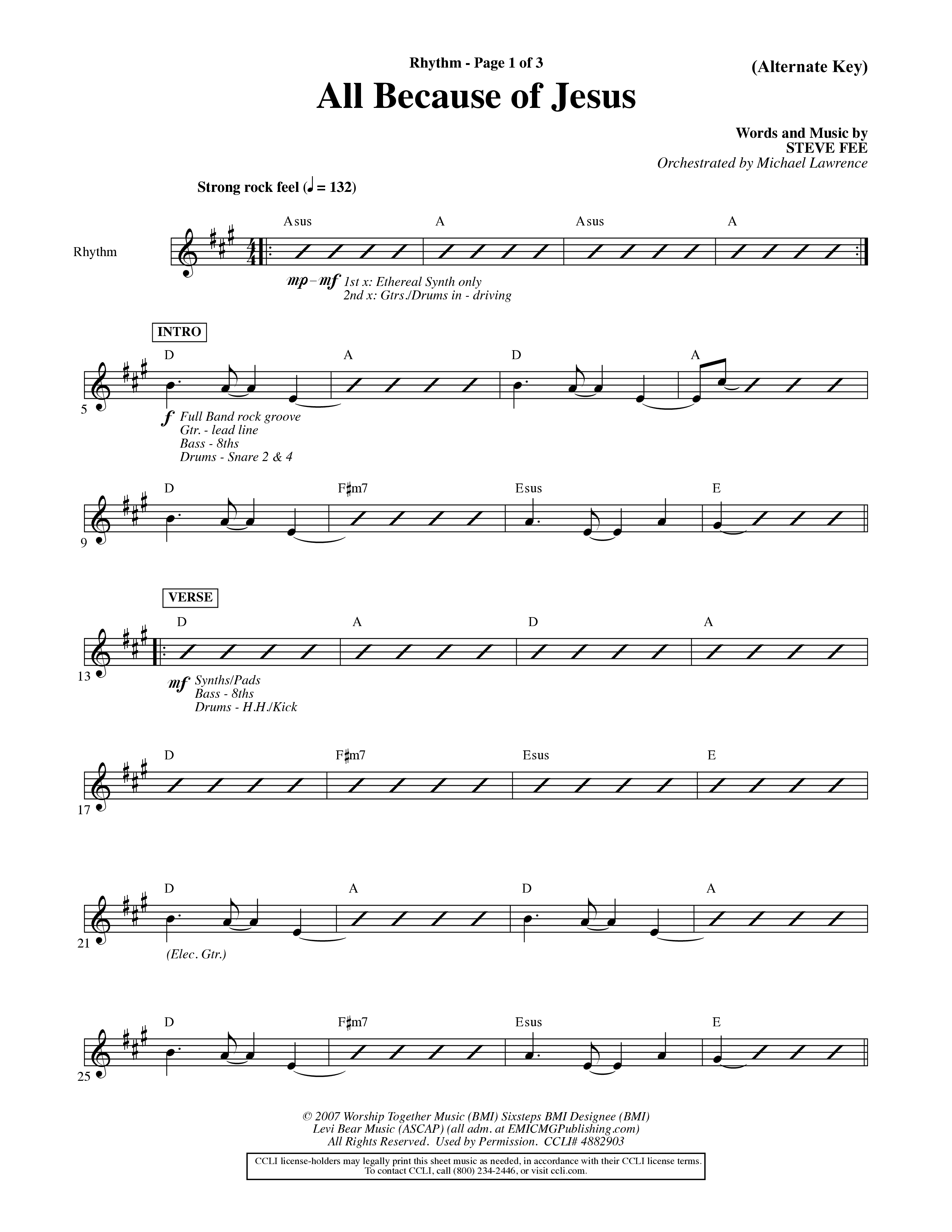 All Because Of Jesus (Choral Anthem SATB) Rhythm Chart (Word Music Choral / Orch. Michael Lawrence)