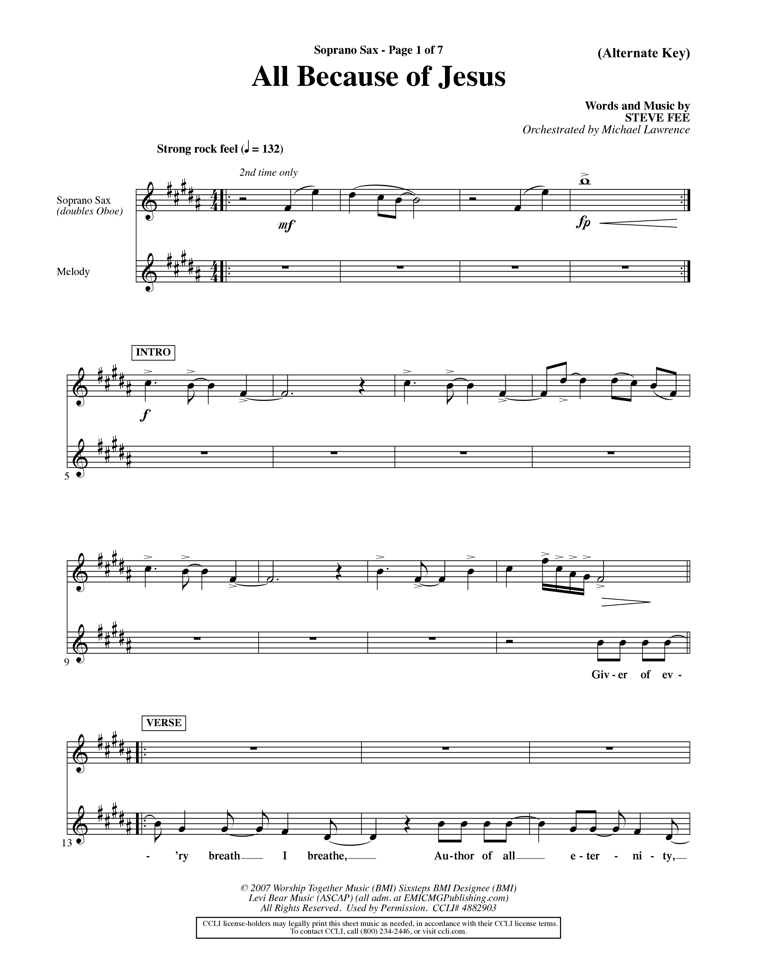 All Because Of Jesus (Choral Anthem SATB) Saxophone (Word Music Choral / Orch. Michael Lawrence)