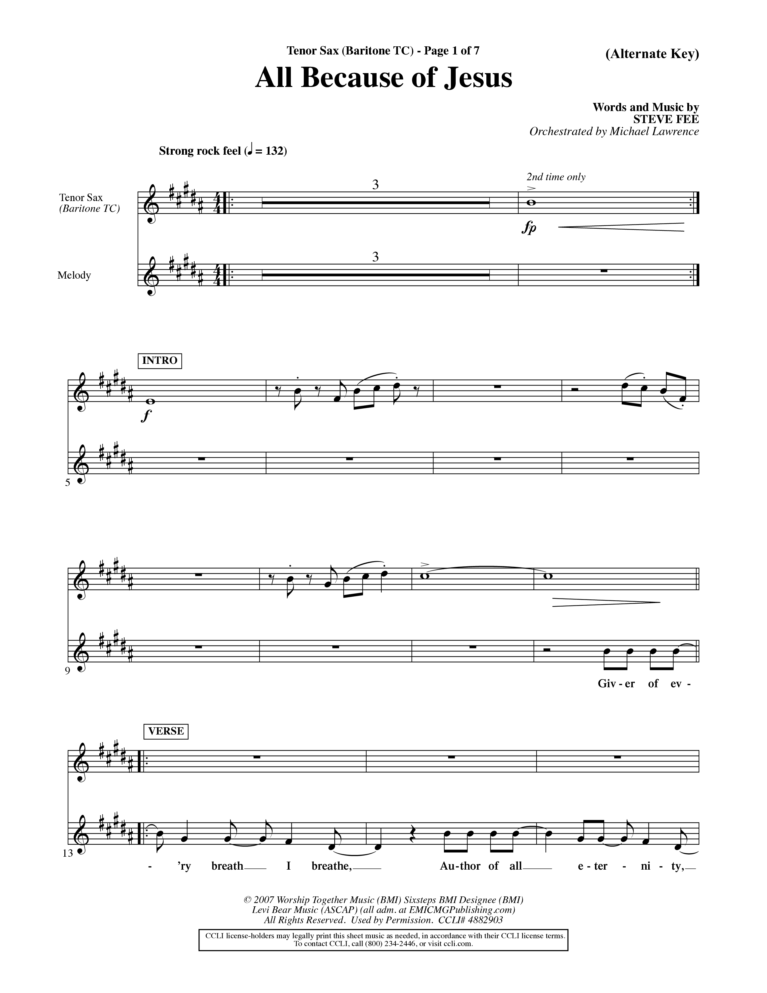 All Because Of Jesus (Choral Anthem SATB) Tenor Sax/Baritone T.C. (Word Music Choral / Orch. Michael Lawrence)