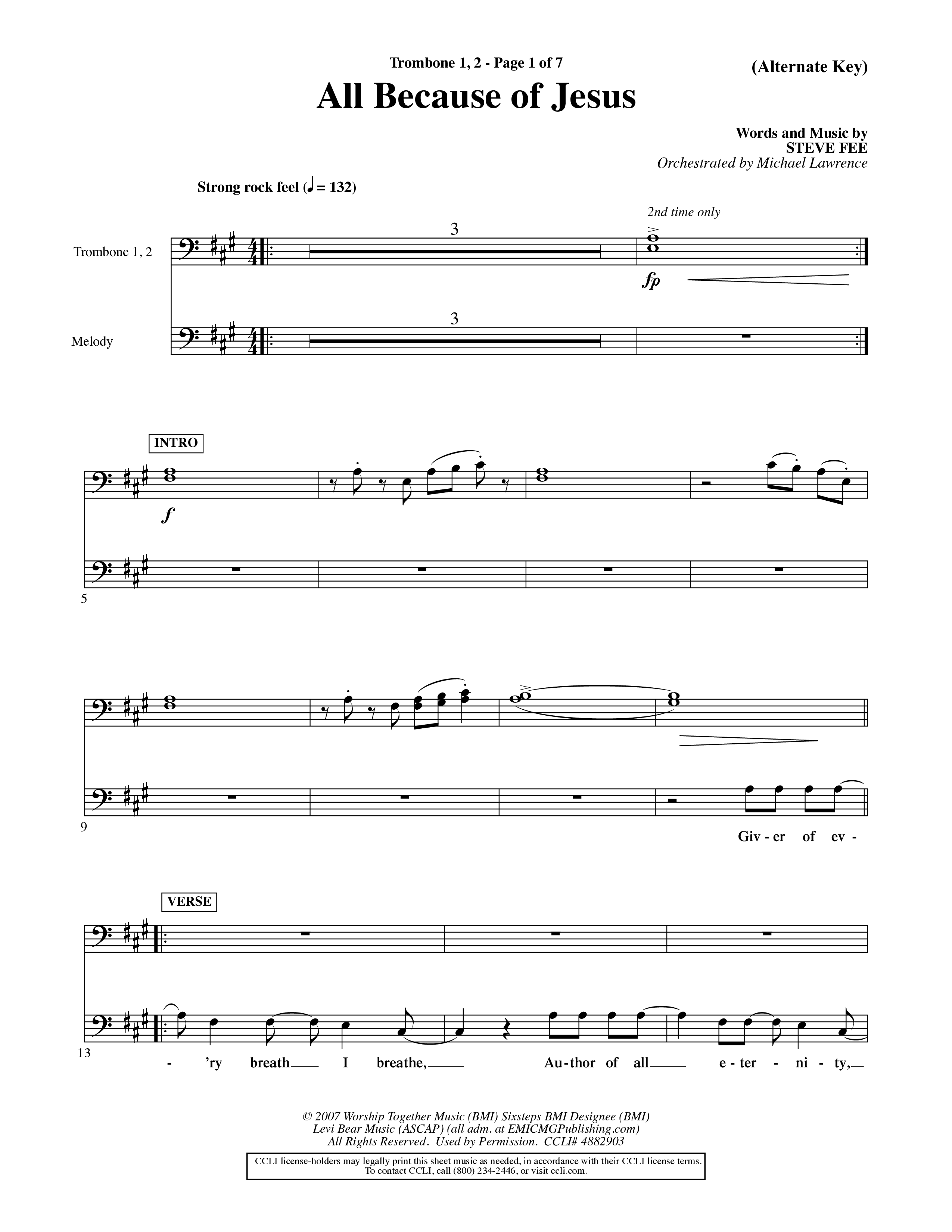 All Because Of Jesus (Choral Anthem SATB) Trombone 1/2 (Word Music Choral / Orch. Michael Lawrence)