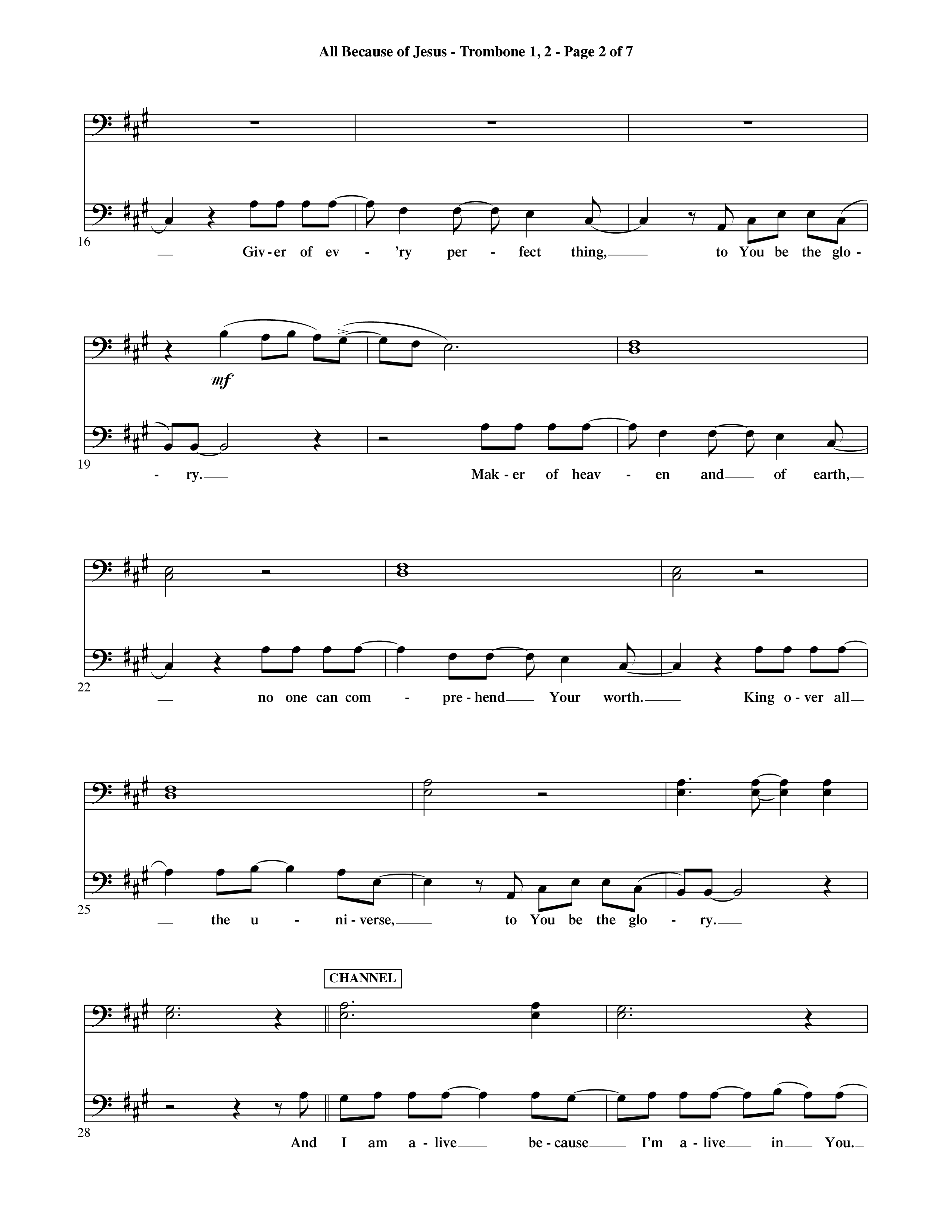 All Because Of Jesus (Choral Anthem SATB) Trombone 1/2 (Word Music Choral / Orch. Michael Lawrence)