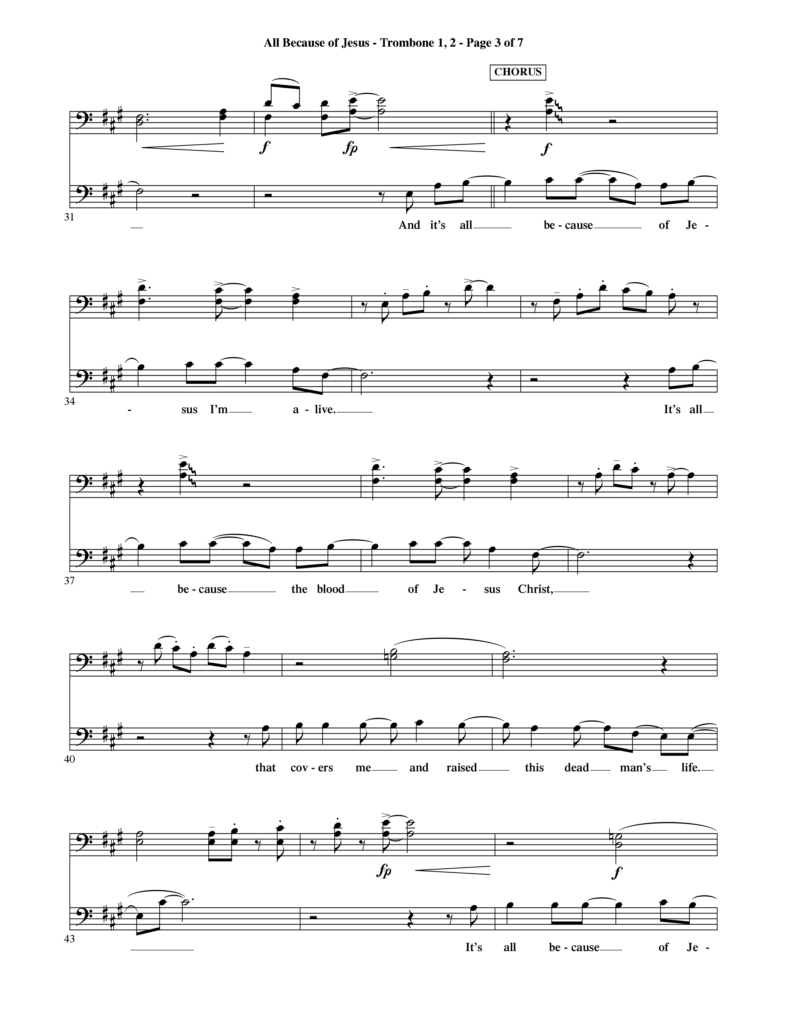 All Because Of Jesus (Choral Anthem SATB) Trombone 1/2 (Word Music Choral / Orch. Michael Lawrence)