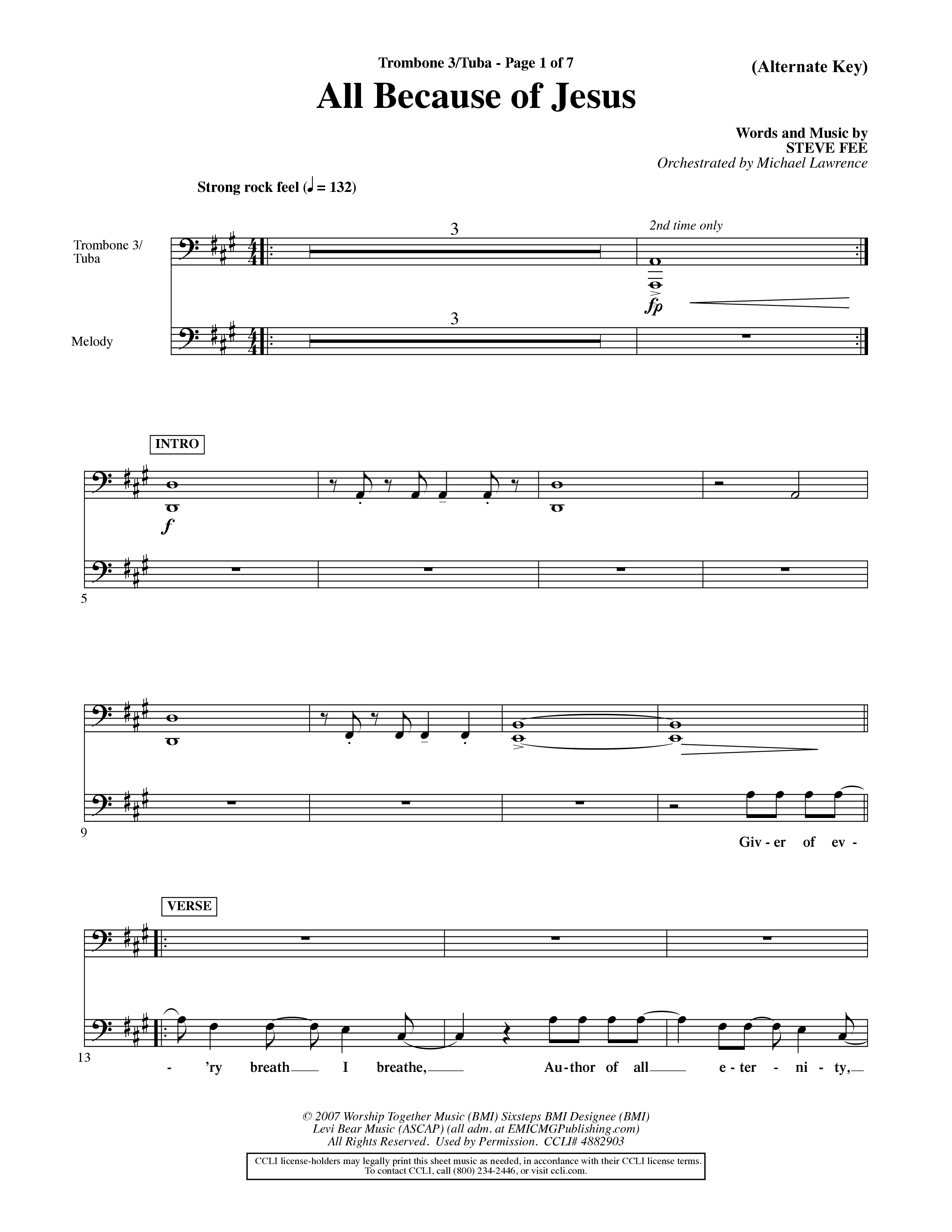 All Because Of Jesus (Choral Anthem SATB) Trombone 3/Tuba (Word Music Choral / Orch. Michael Lawrence)