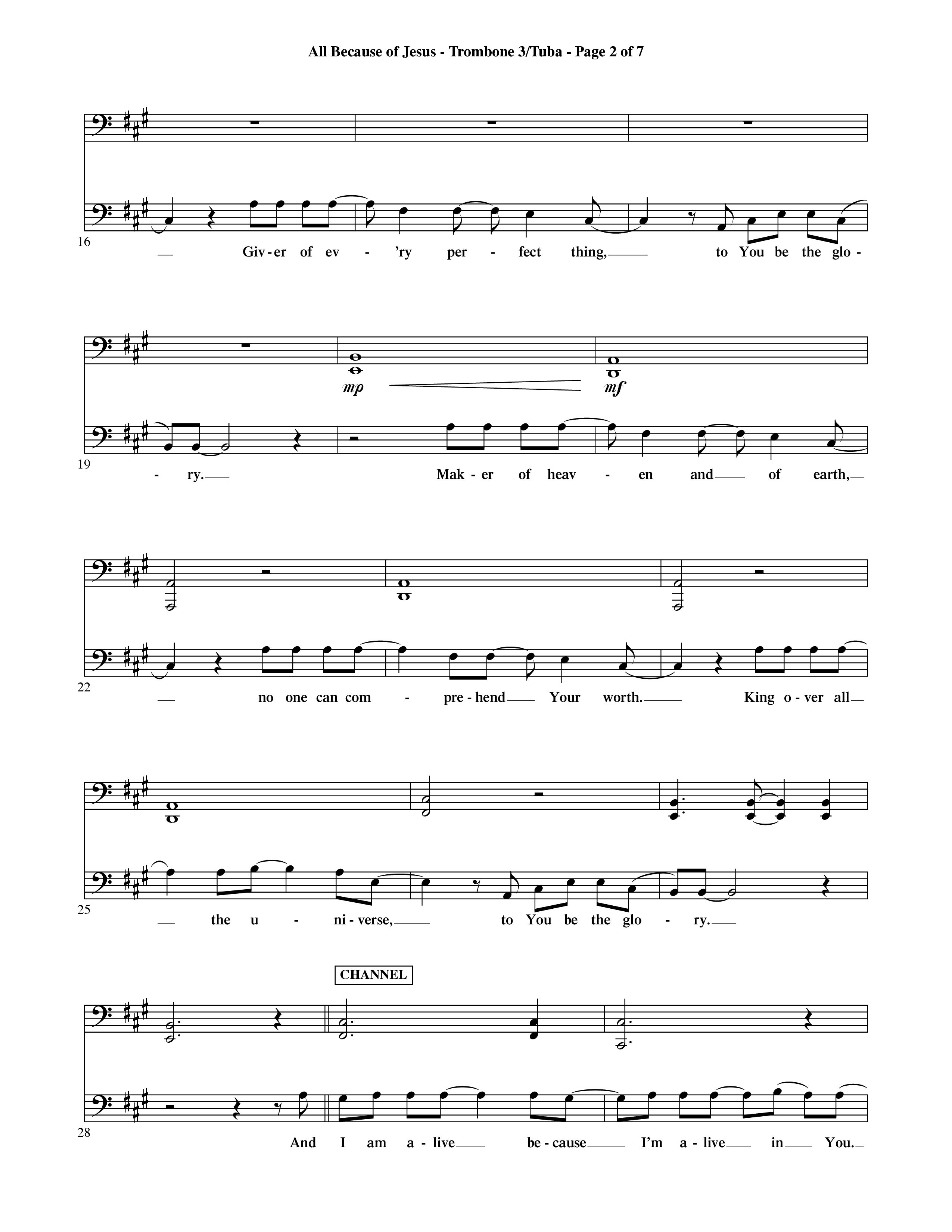 All Because Of Jesus (Choral Anthem SATB) Trombone 3/Tuba (Word Music Choral / Orch. Michael Lawrence)