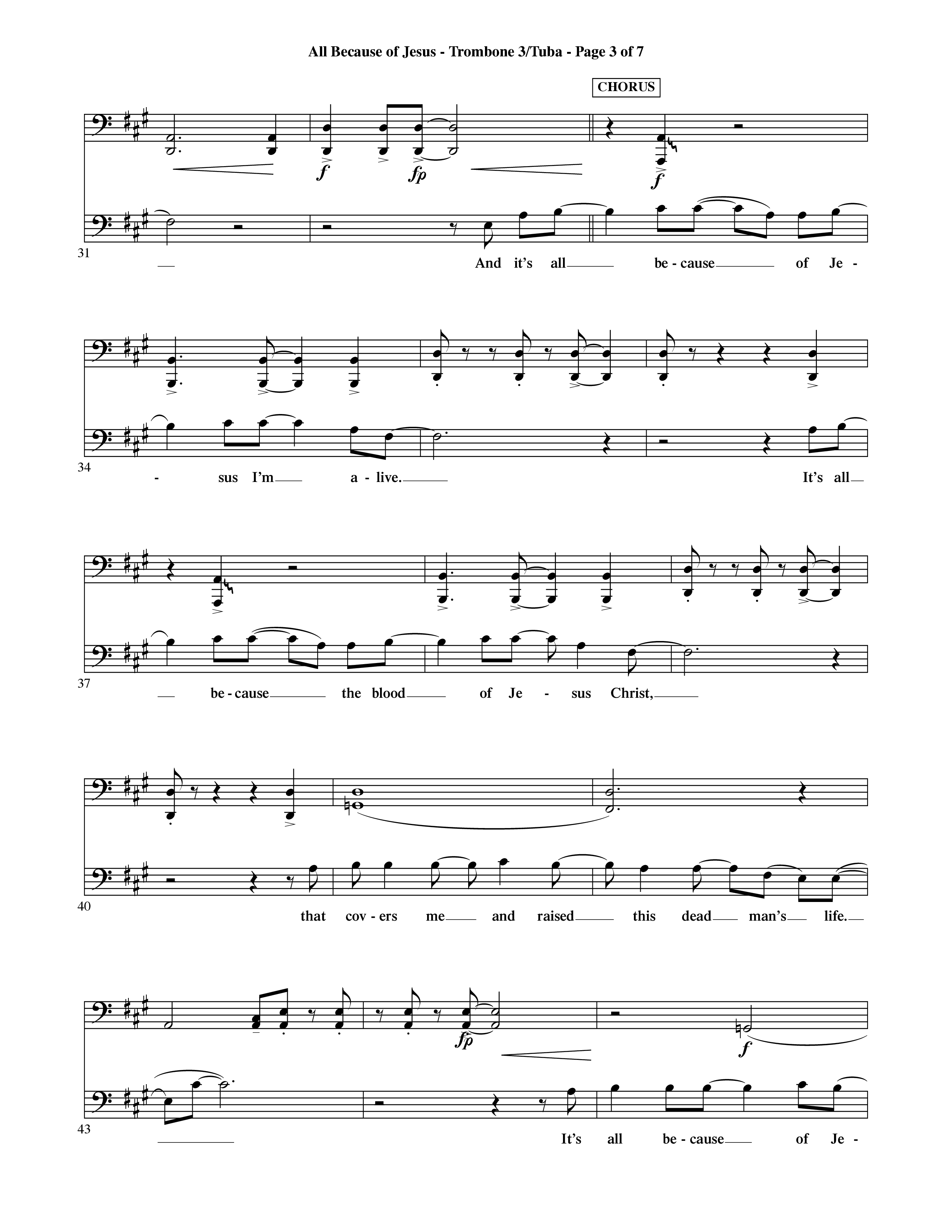 All Because Of Jesus (Choral Anthem SATB) Trombone 3/Tuba (Word Music Choral / Orch. Michael Lawrence)