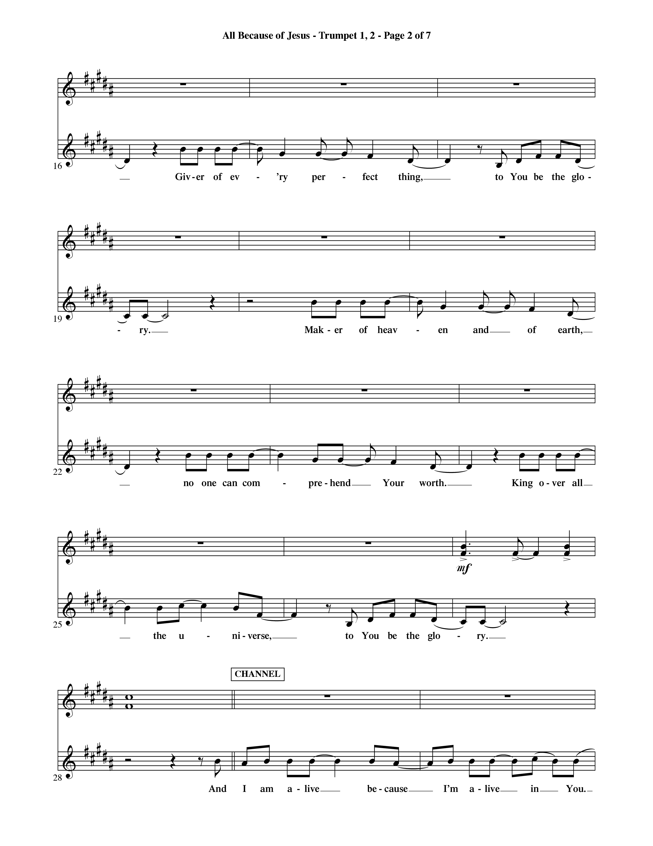 All Because Of Jesus (Choral Anthem SATB) Trumpet 1,2 (Word Music Choral / Orch. Michael Lawrence)
