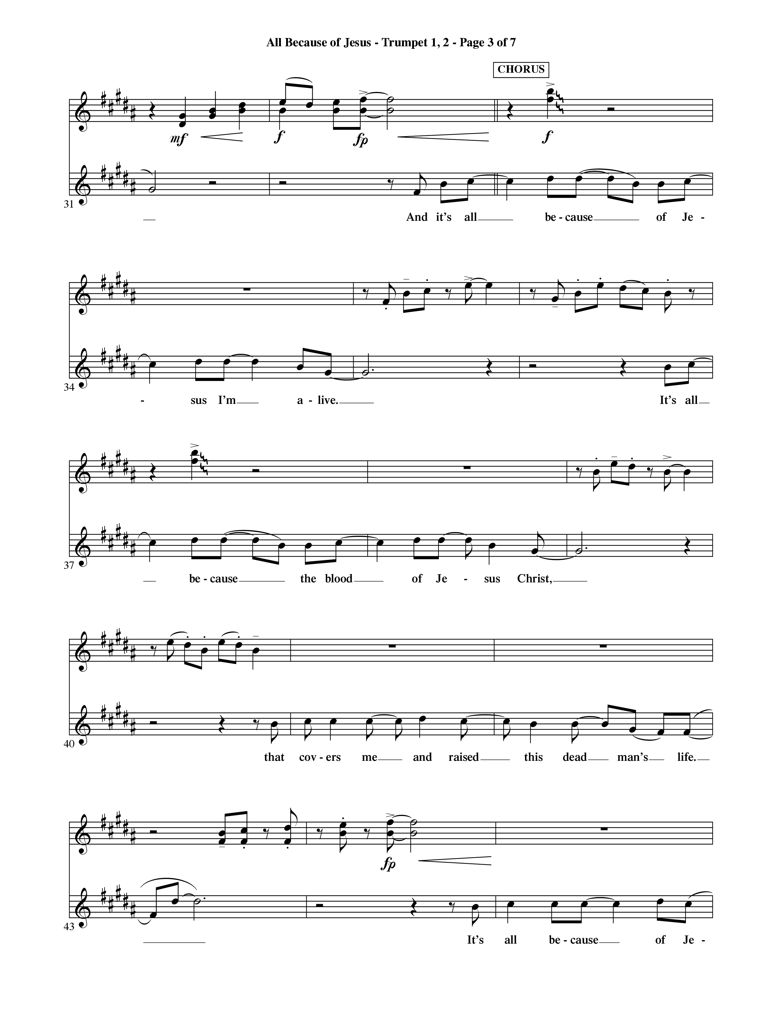 All Because Of Jesus (Choral Anthem SATB) Trumpet 1,2 (Word Music Choral / Orch. Michael Lawrence)