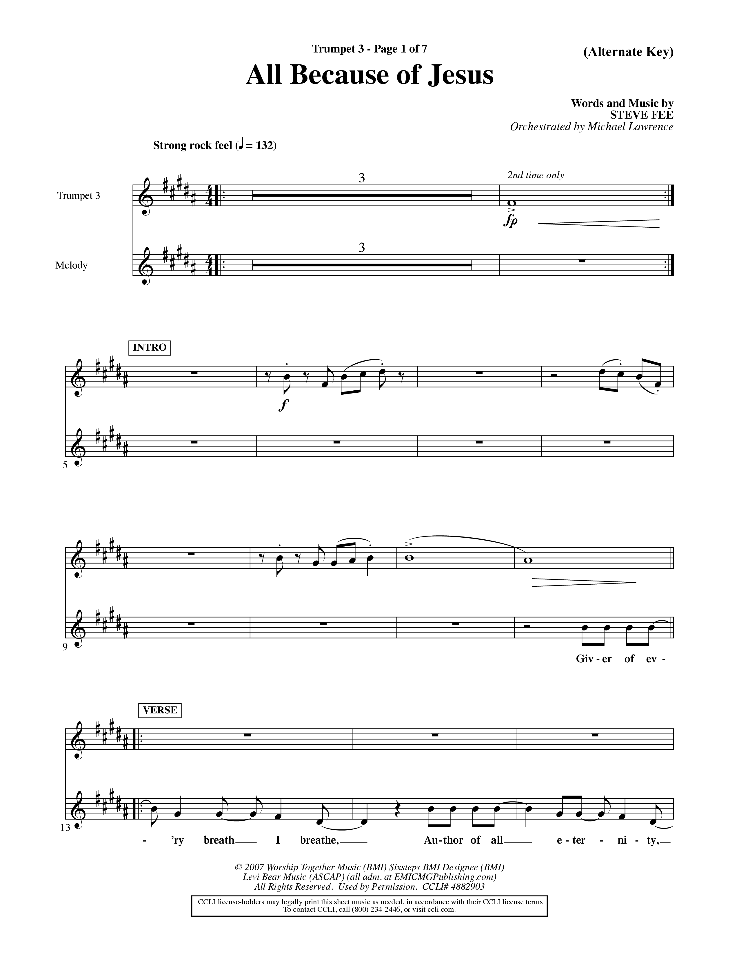 All Because Of Jesus (Choral Anthem SATB) Trumpet 3 (Word Music Choral / Orch. Michael Lawrence)
