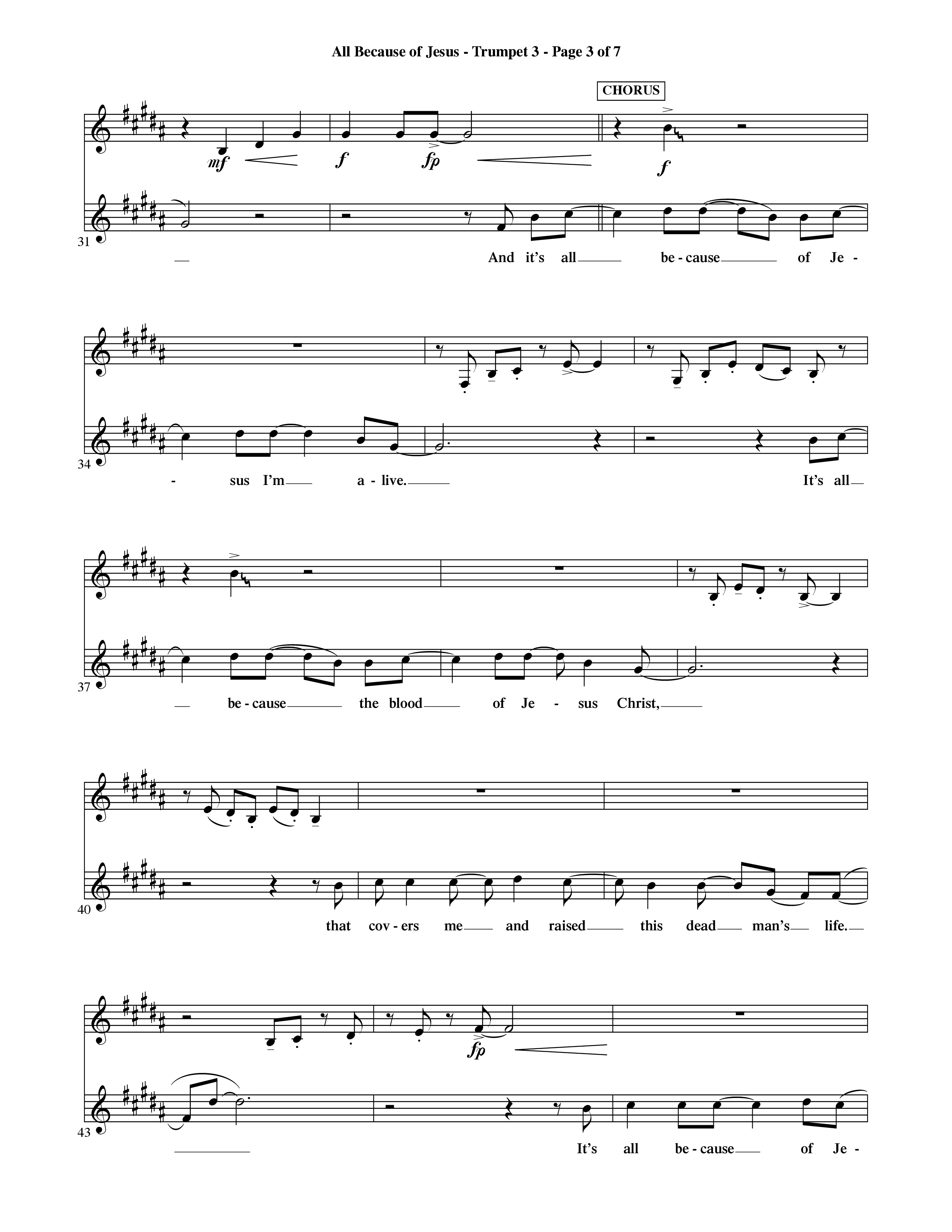 All Because Of Jesus (Choral Anthem SATB) Trumpet 3 (Word Music Choral / Orch. Michael Lawrence)