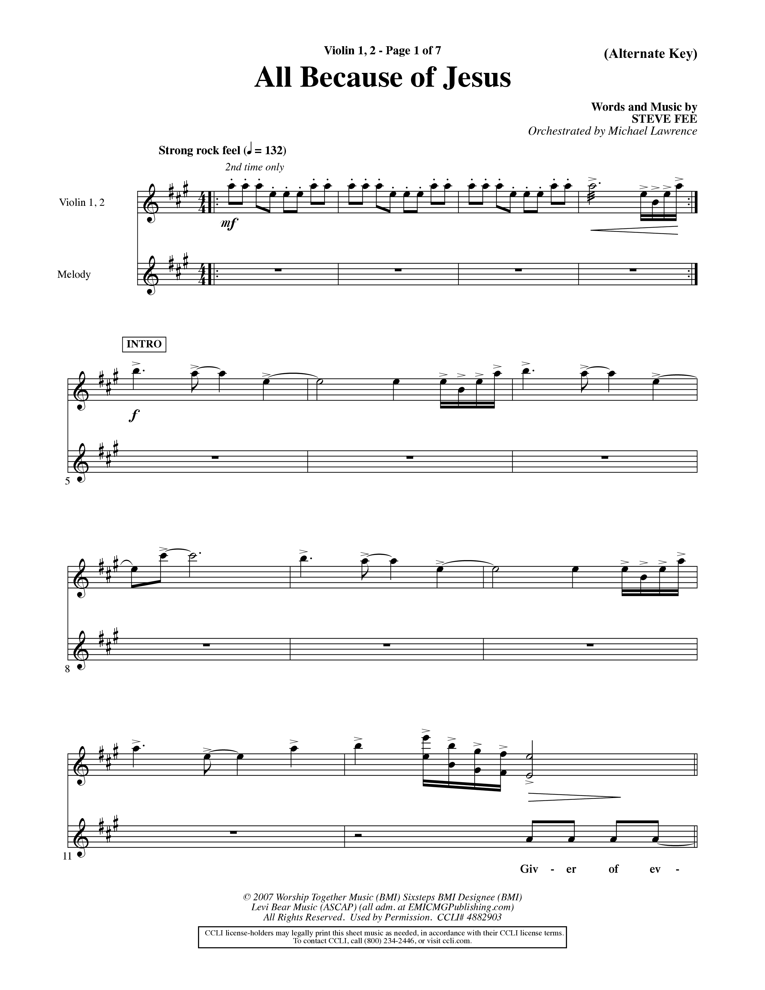 All Because Of Jesus (Choral Anthem SATB) Violin 1/2 (Word Music Choral / Orch. Michael Lawrence)