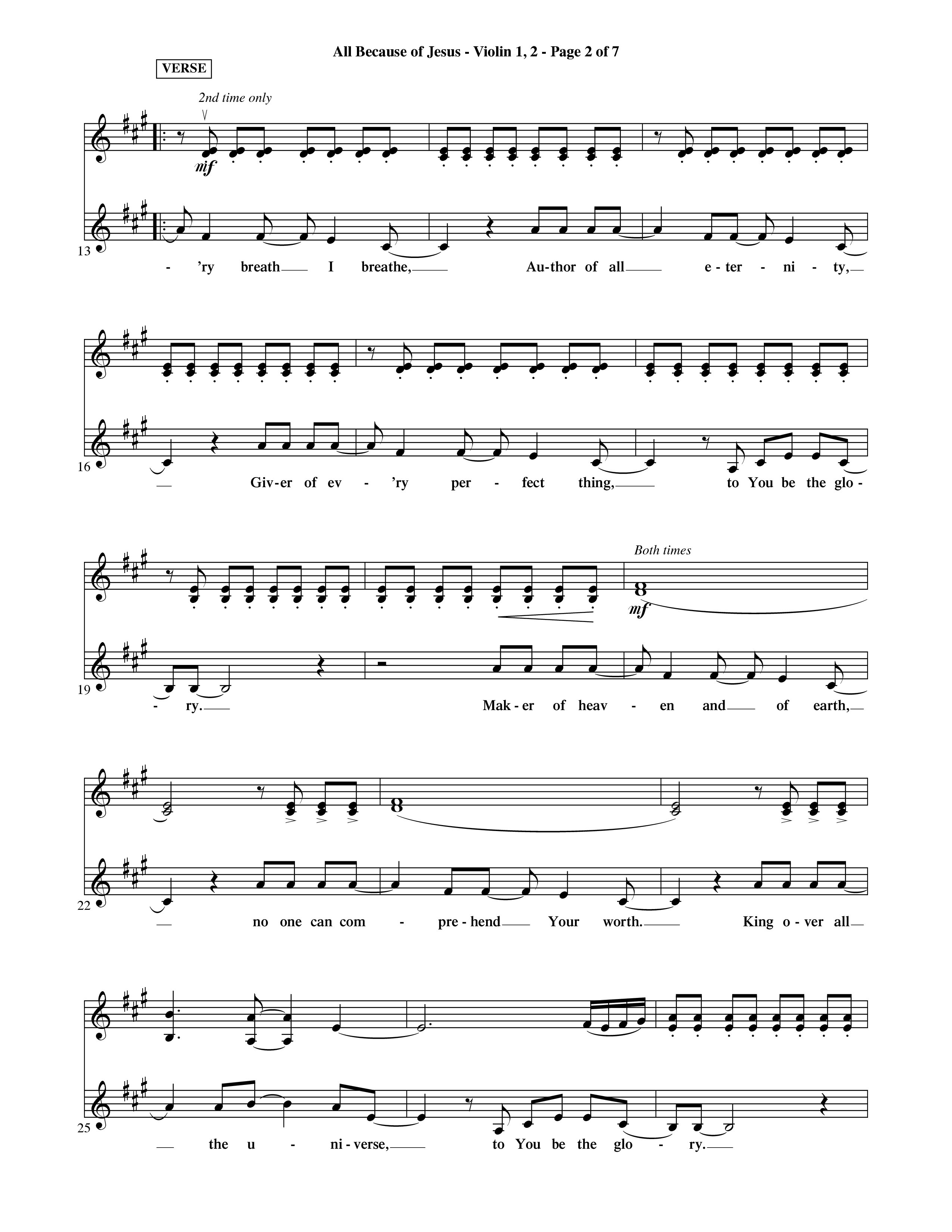 All Because Of Jesus (Choral Anthem SATB) Violin 1/2 (Word Music Choral / Orch. Michael Lawrence)