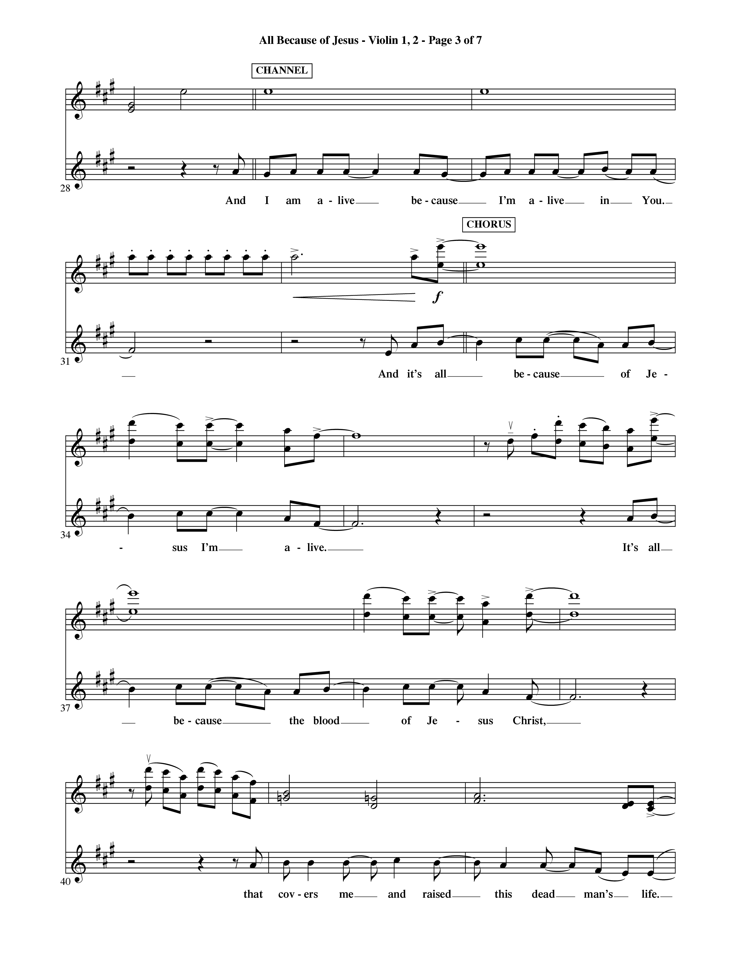 All Because Of Jesus (Choral Anthem SATB) Violin 1/2 (Word Music Choral / Orch. Michael Lawrence)