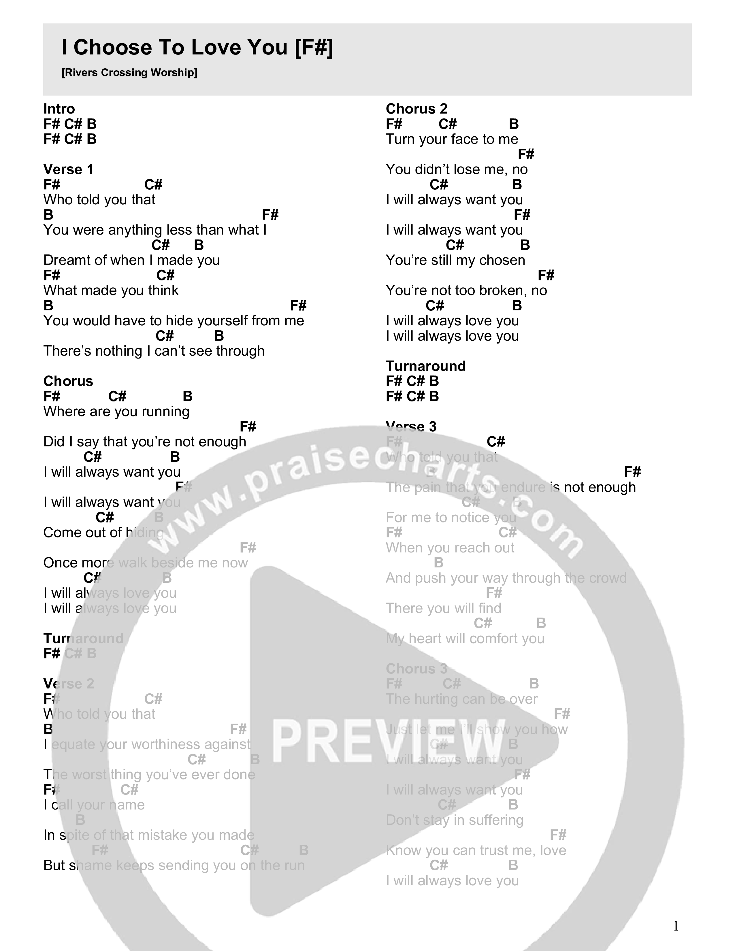 I Choose To Love You Chord Chart (Rivers Crossing Worship)