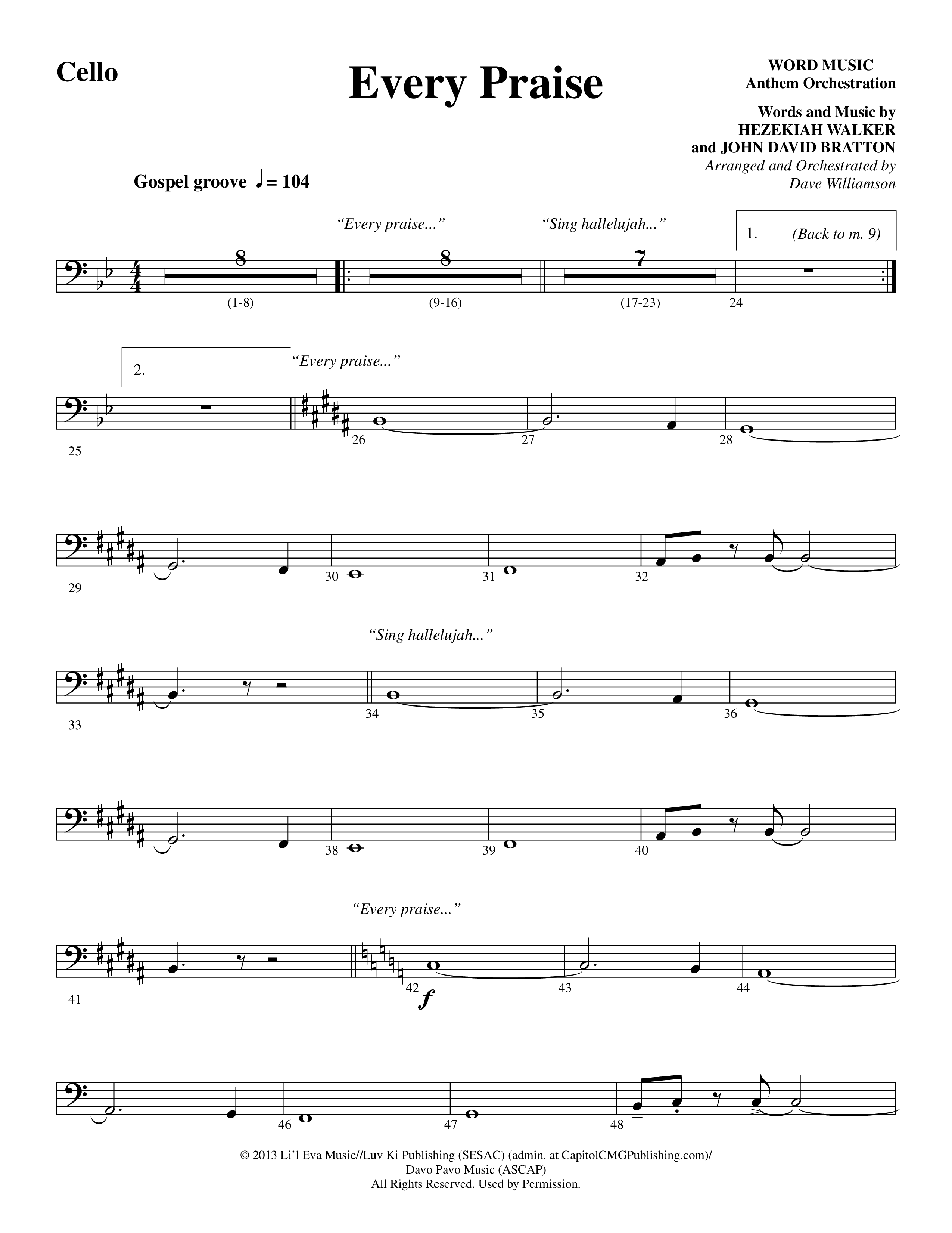 Every Praise (Choral Anthem SATB) Cello (Word Music Choral / Arr. Dave Williamson)