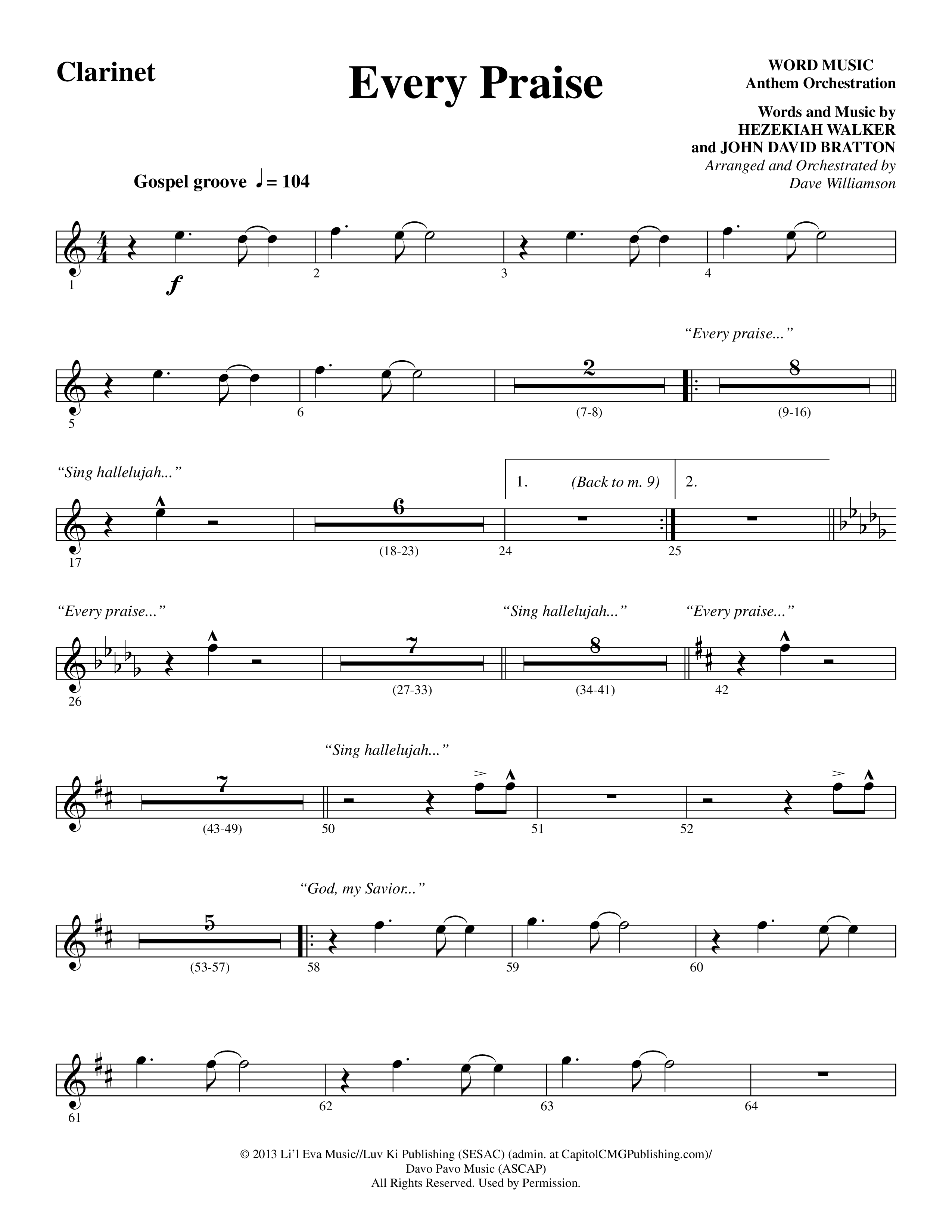 Every Praise (Choral Anthem SATB) Clarinet (Word Music Choral / Arr. Dave Williamson)