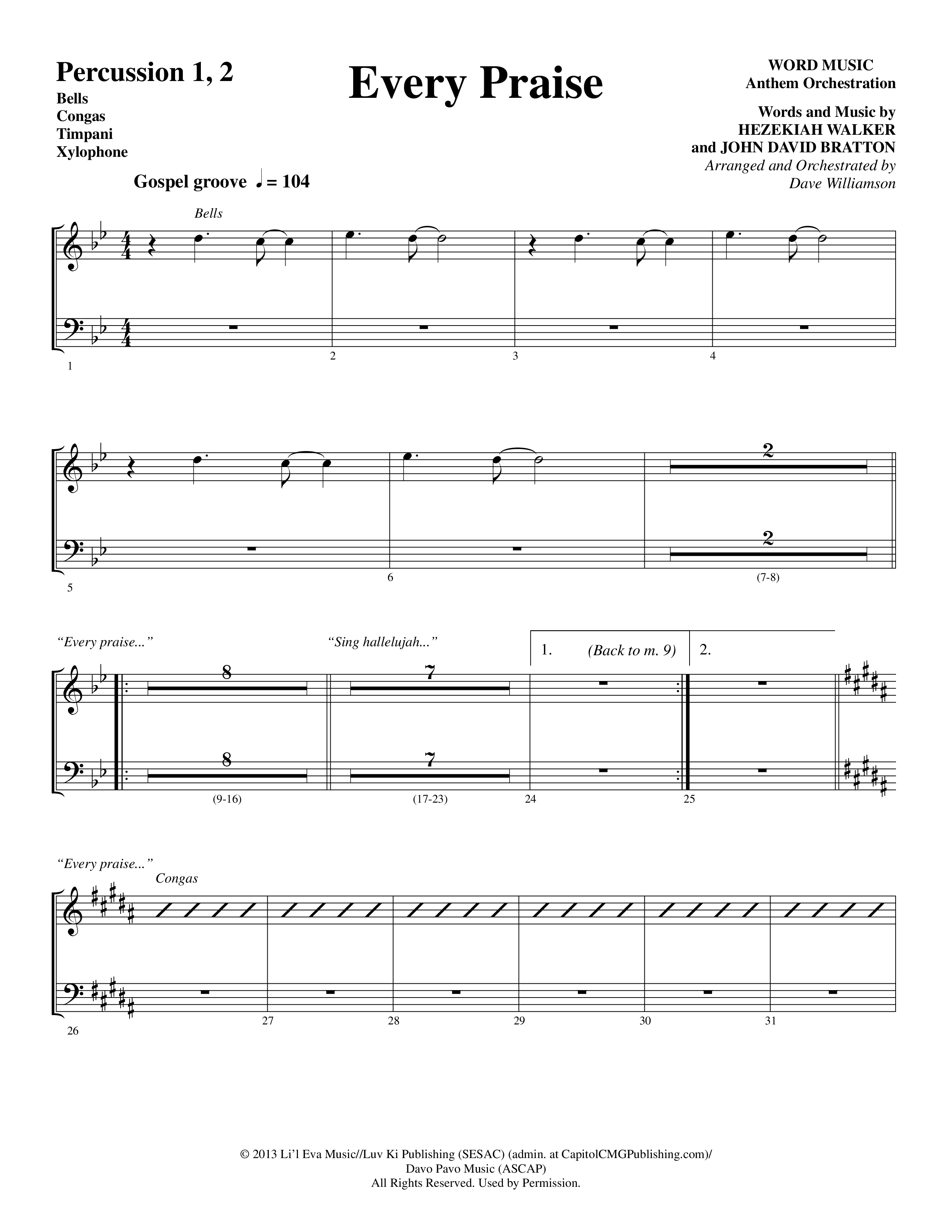 Every Praise (Choral Anthem SATB) Percussion 1/2 (Word Music Choral / Arr. Dave Williamson)