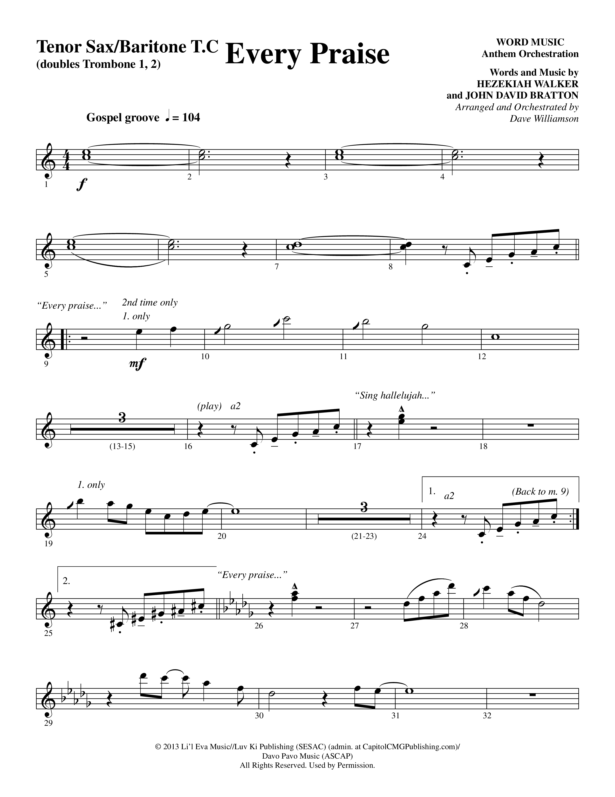 Every Praise (Choral Anthem SATB) Tenor Sax/Baritone T.C. (Word Music Choral / Arr. Dave Williamson)