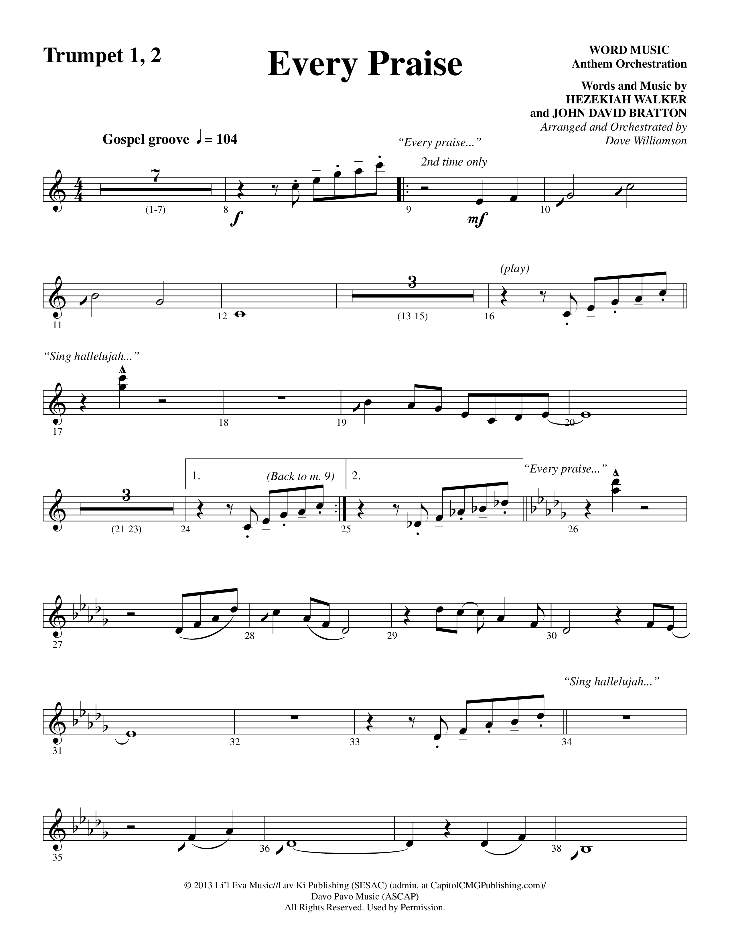 Every Praise (Choral Anthem SATB) Trumpet 1,2 (Word Music Choral / Arr. Dave Williamson)