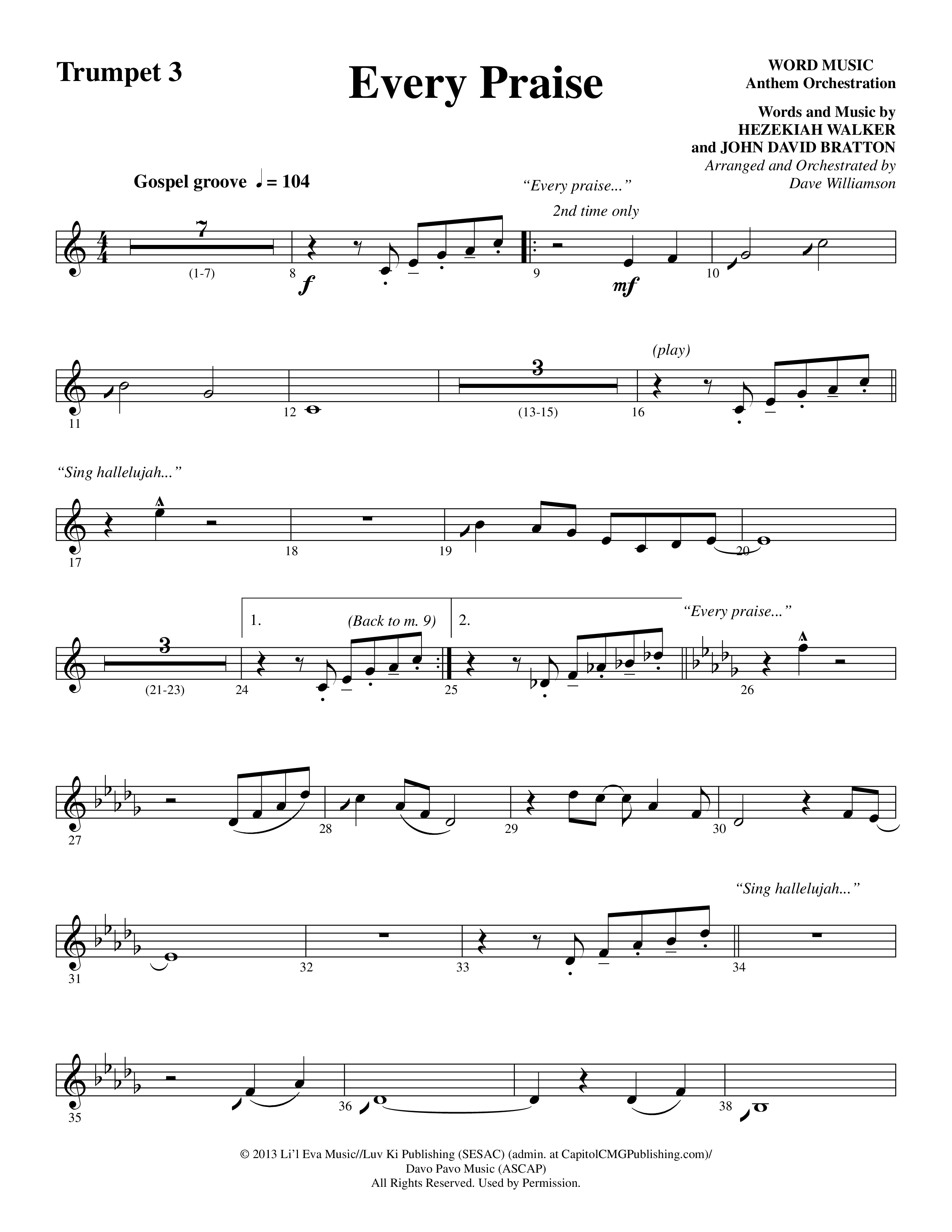 Every Praise (Choral Anthem SATB) Trumpet 3 (Word Music Choral / Arr. Dave Williamson)
