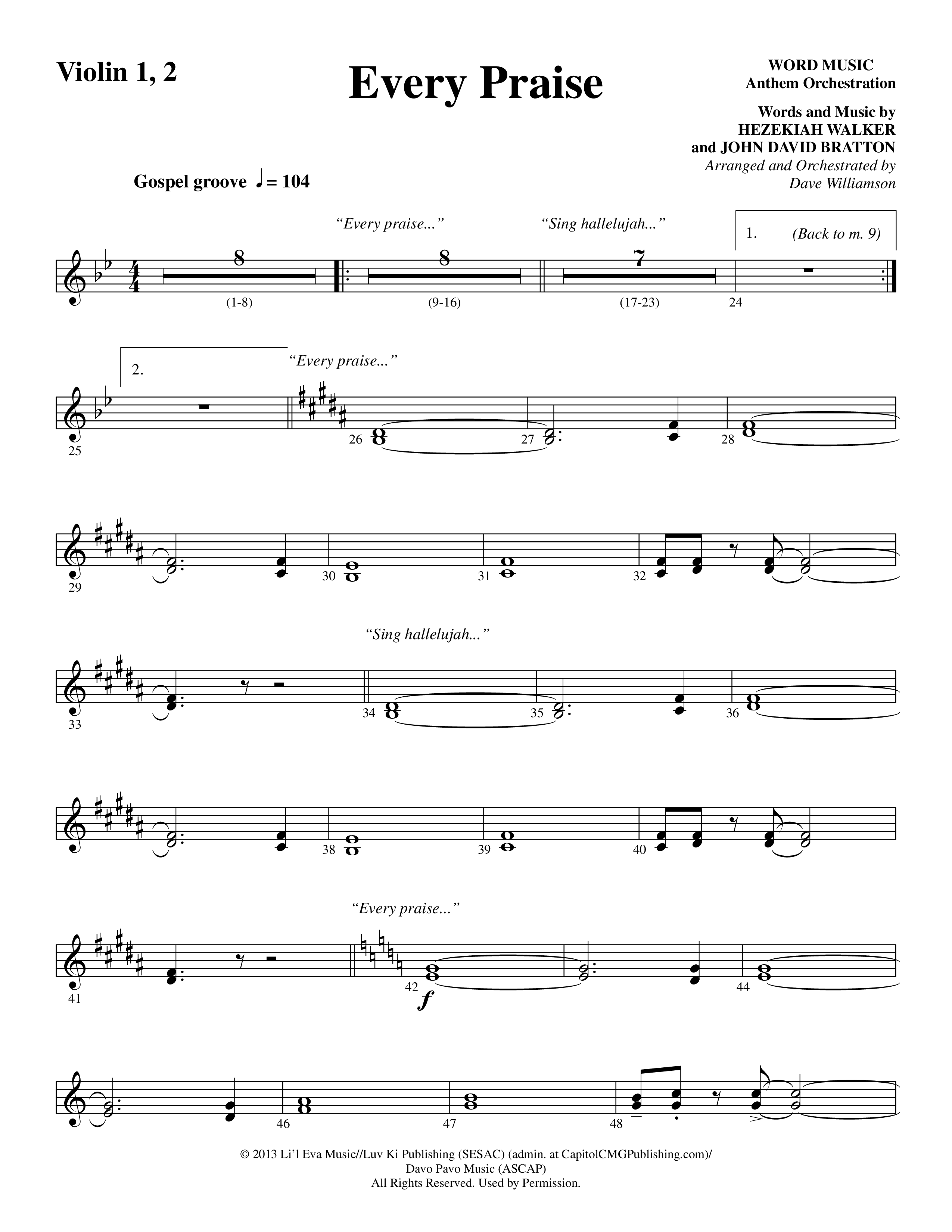 Every Praise (Choral Anthem SATB) Violin 1/2 (Word Music Choral / Arr. Dave Williamson)