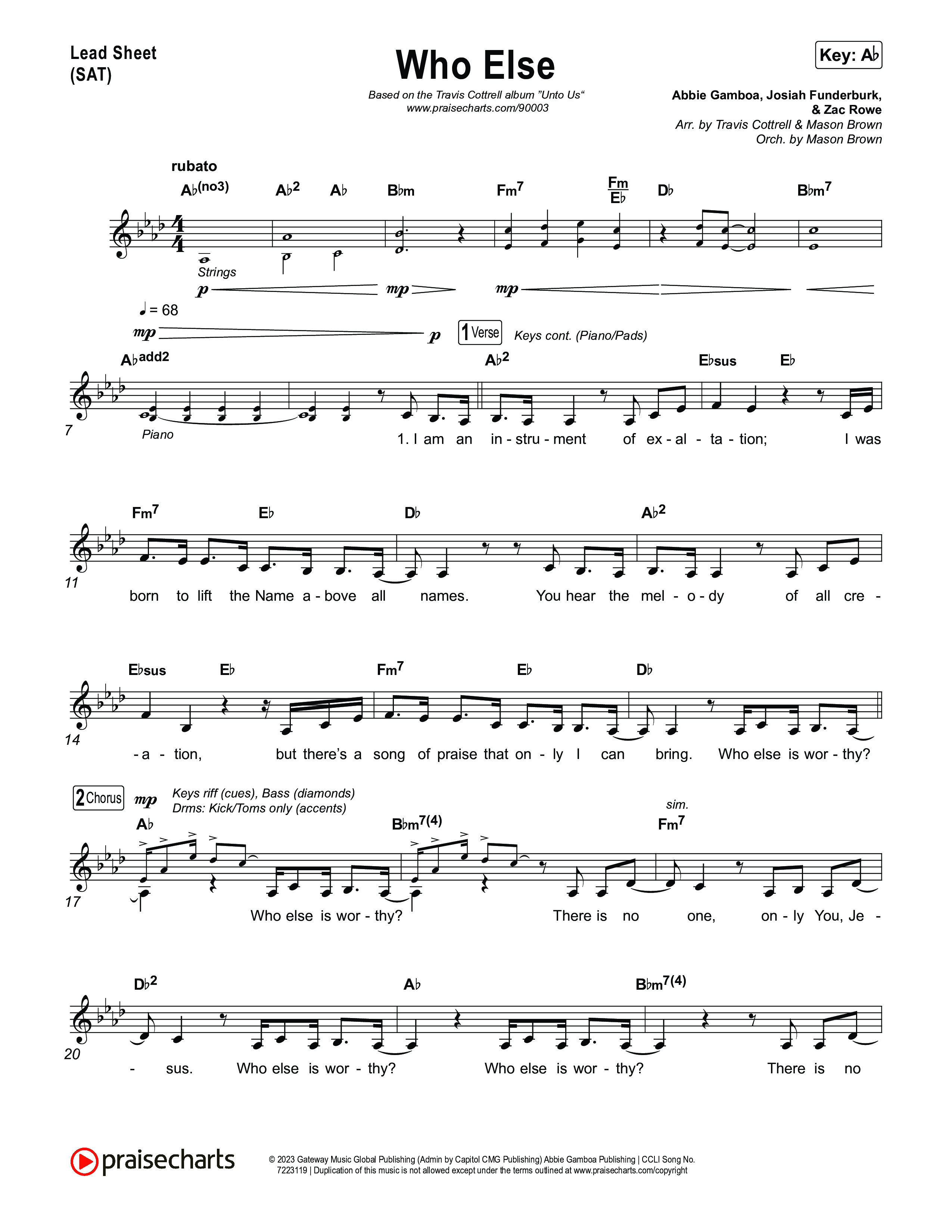 Who Else (Choral/SATB) Lead Sheet (SAT) (Brooke Voland / Arr. Travis Cottrell / Orch. Mason Brown)