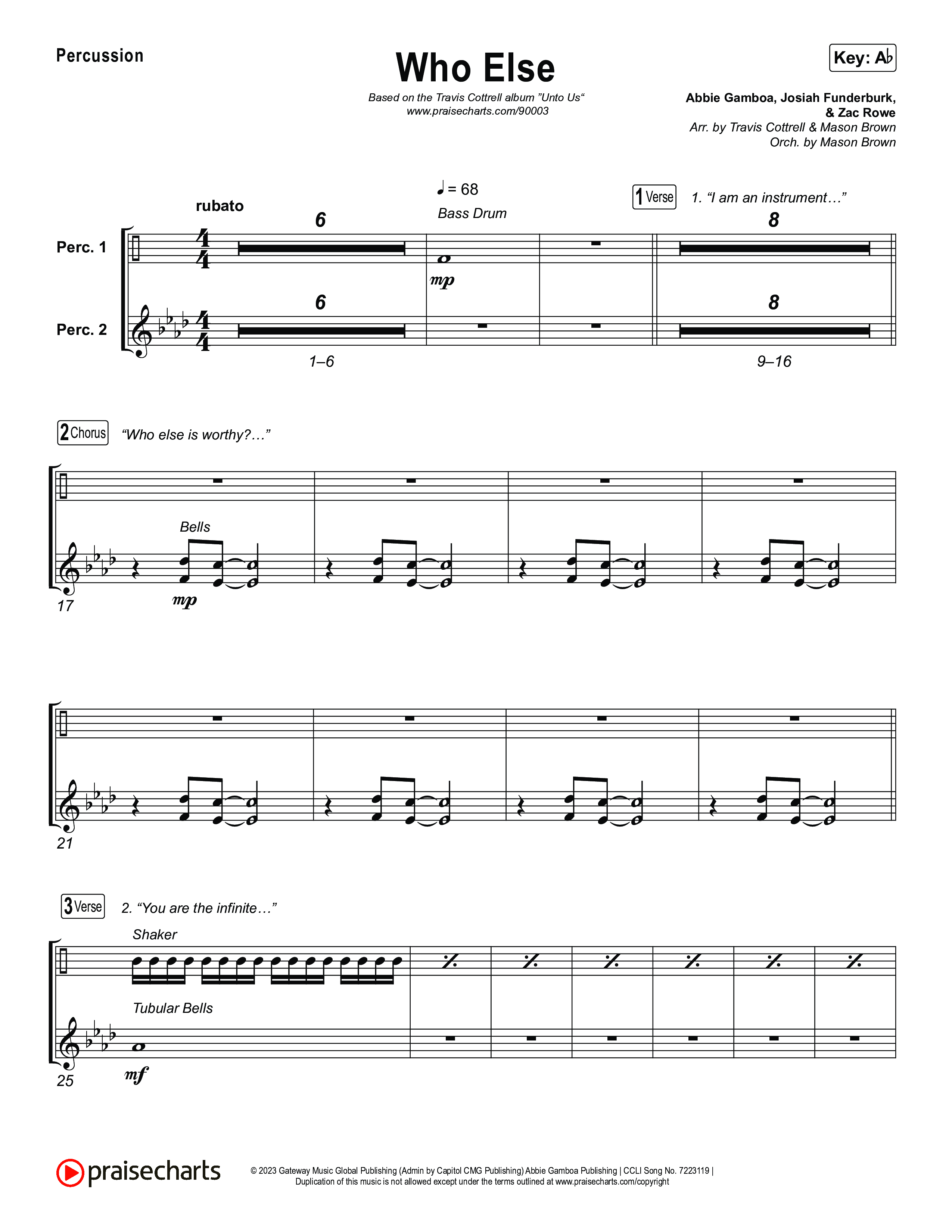 Who Else (Choral/SATB) Percussion (Brooke Voland / Arr. Travis Cottrell / Orch. Mason Brown)