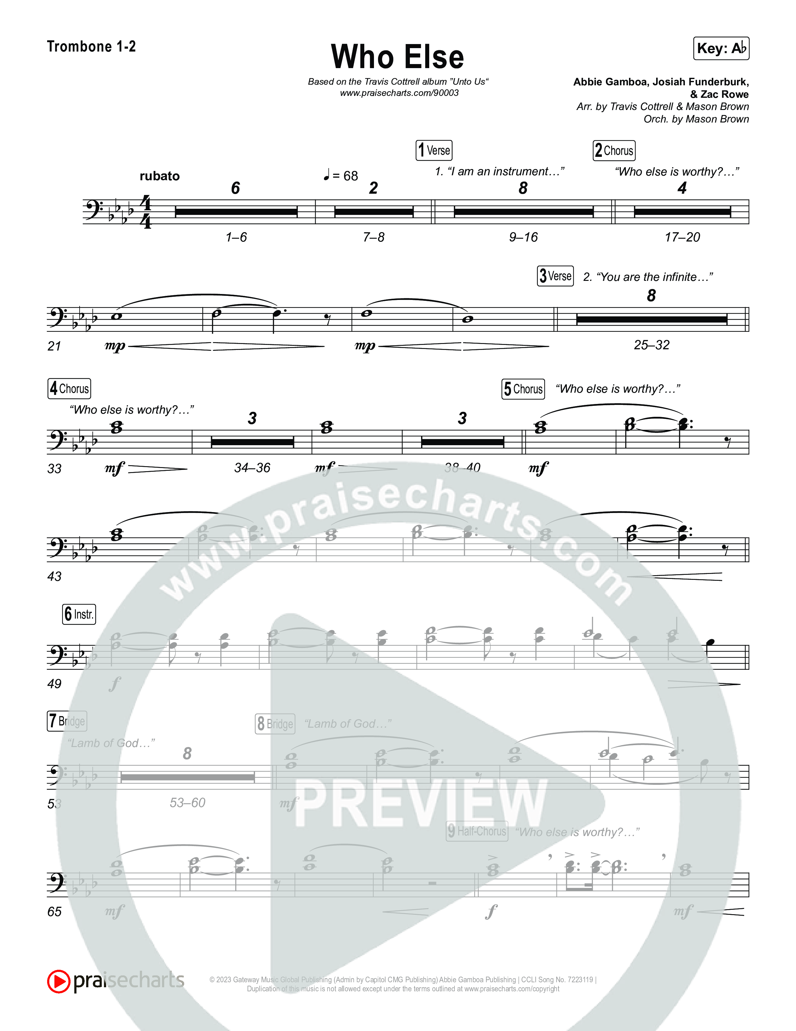 Who Else (Choral/SATB) Trombone 1,2 (Brooke Voland / Arr. Travis Cottrell / Orch. Mason Brown)