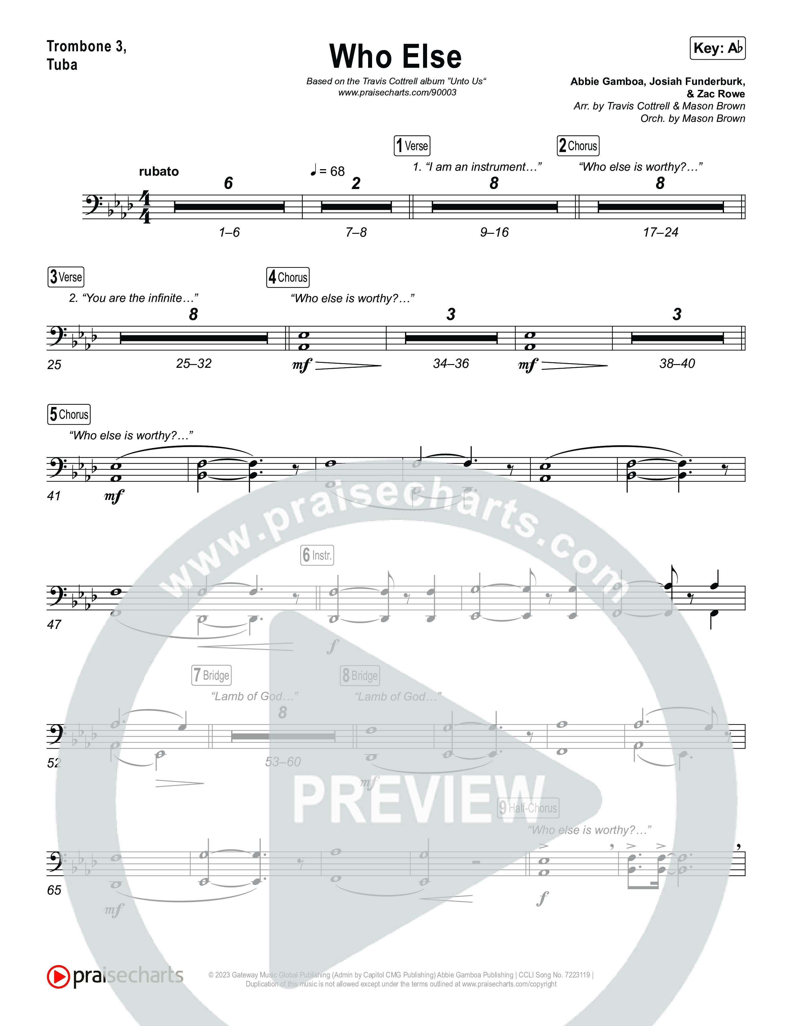 Who Else (Choral/SATB) Trombone 1,2 (Brooke Voland / Arr. Travis Cottrell / Orch. Mason Brown)