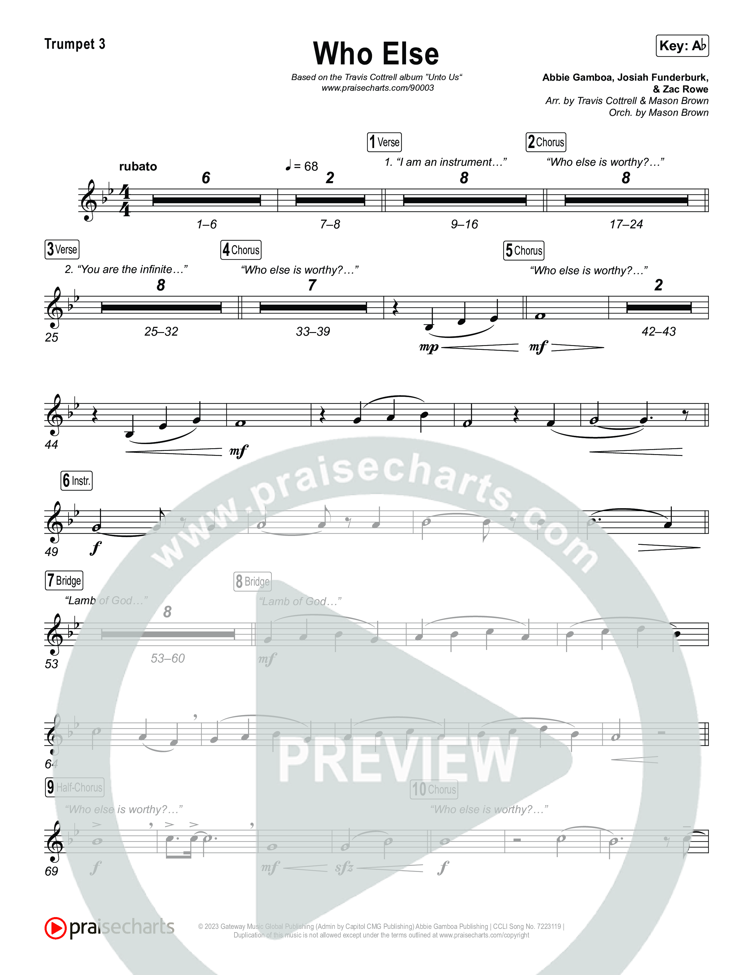 Who Else (Choral/SATB) Trumpet 1,2 (Brooke Voland / Arr. Travis Cottrell / Orch. Mason Brown)