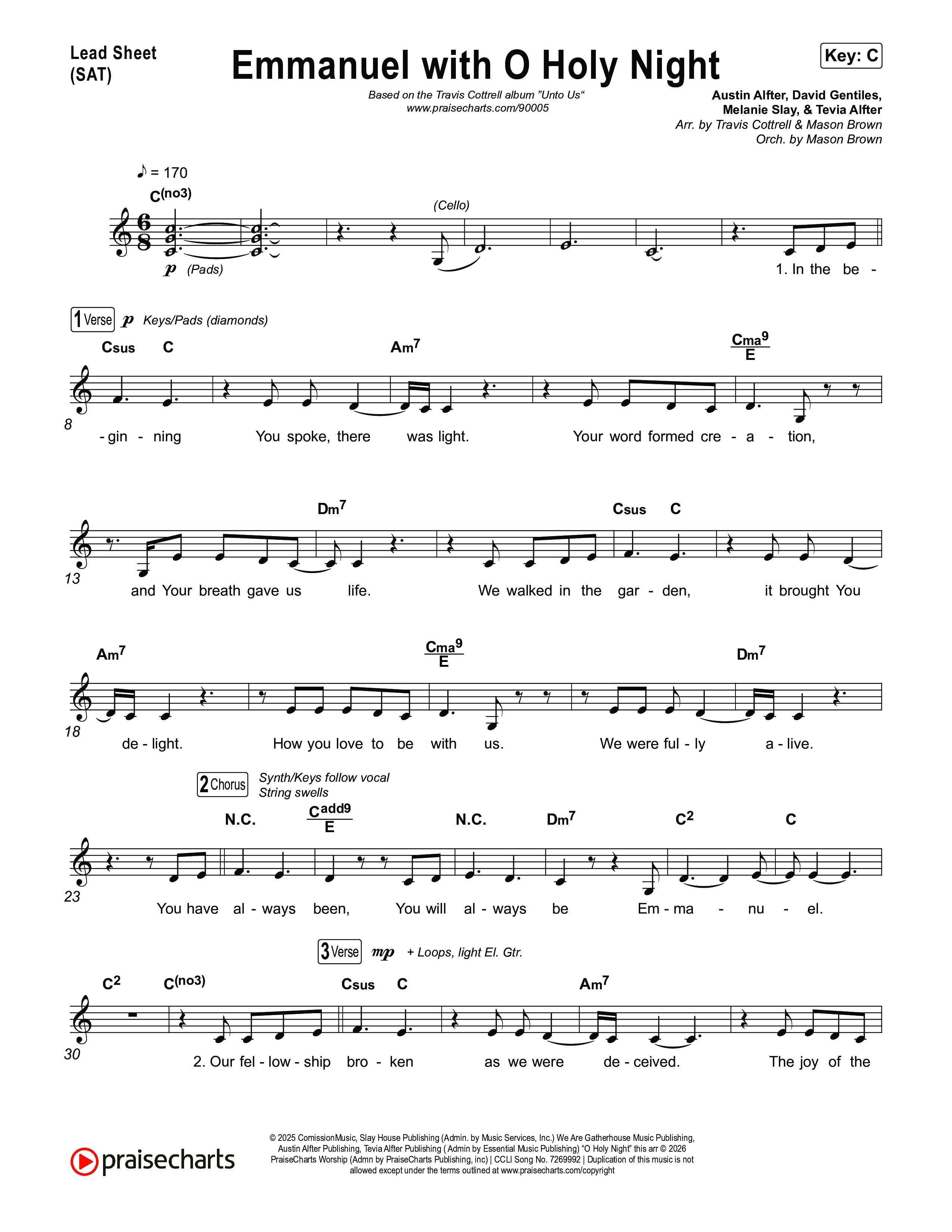 Emmanuel / O Holy Night (Choral/SATB) Lead Sheet (SAT) (Travis Cottrell / Brooke Voland / Arr. Mason Brown)