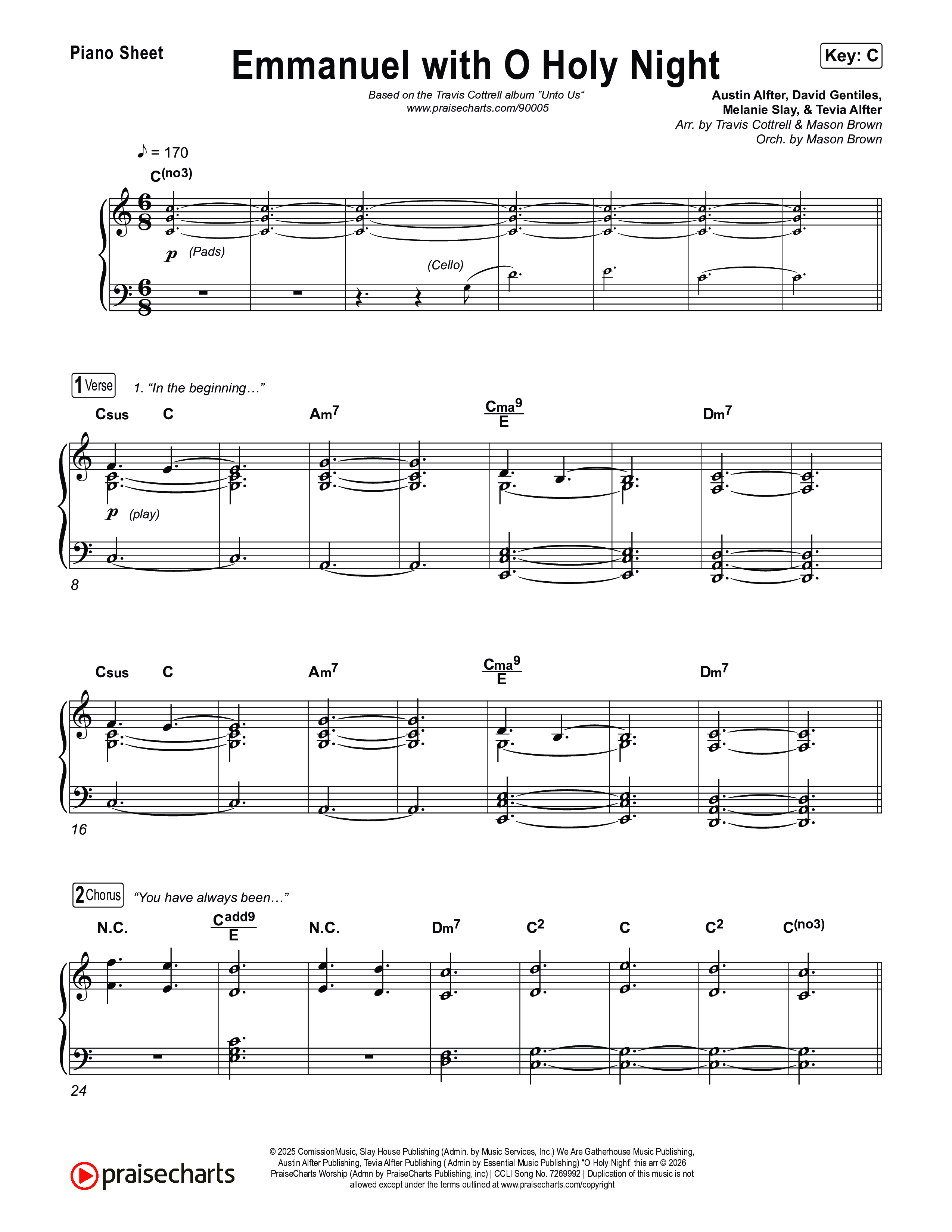 Emmanuel / O Holy Night (Choral/SATB) Piano Sheet (Travis Cottrell / Brooke Voland / Arr. Mason Brown)